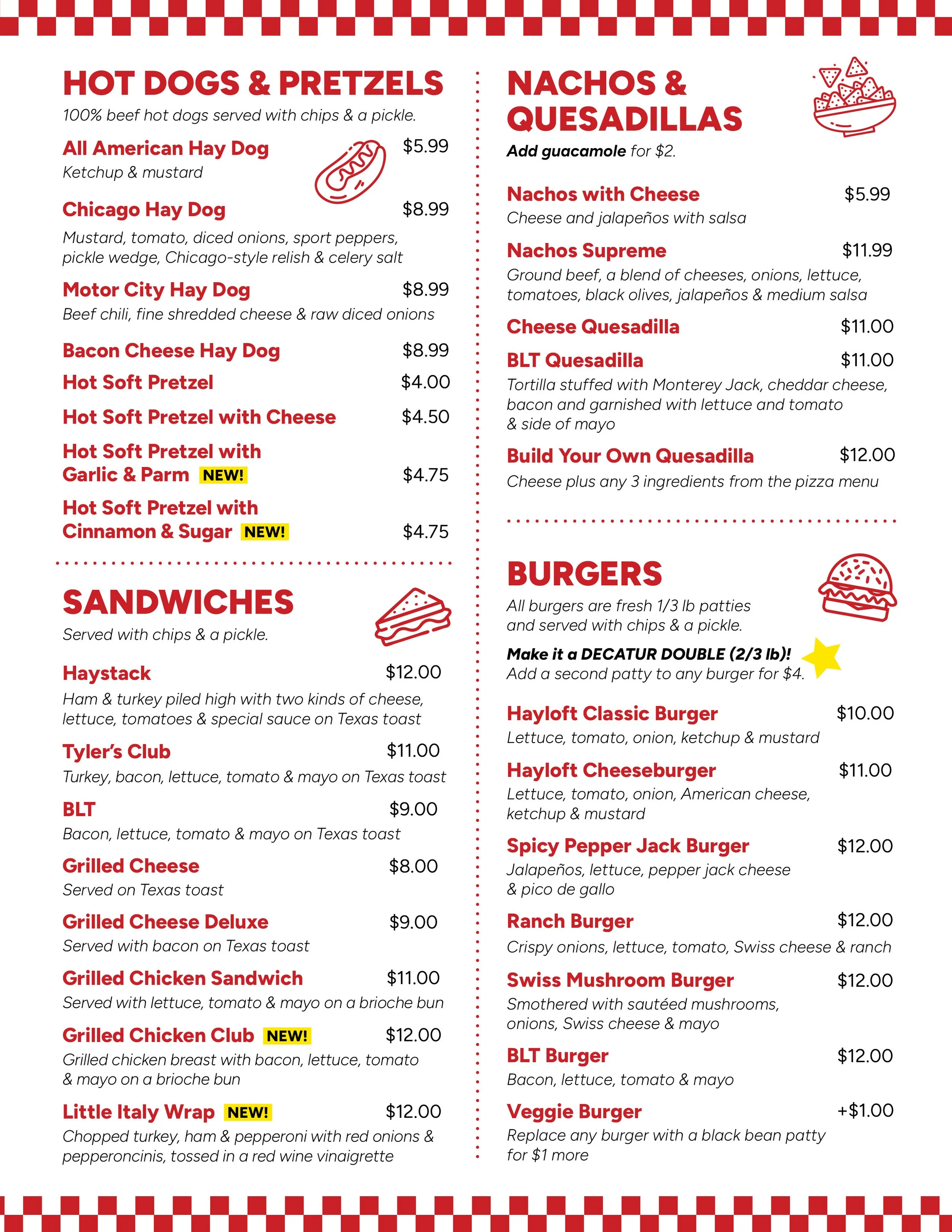 Menu with sections for hot dogs, pretzels, sandwiches, nachos, quesadillas, and burgers, featuring items like Chicago and Motor City hot dogs, various salads, and classic cheeseburgers.