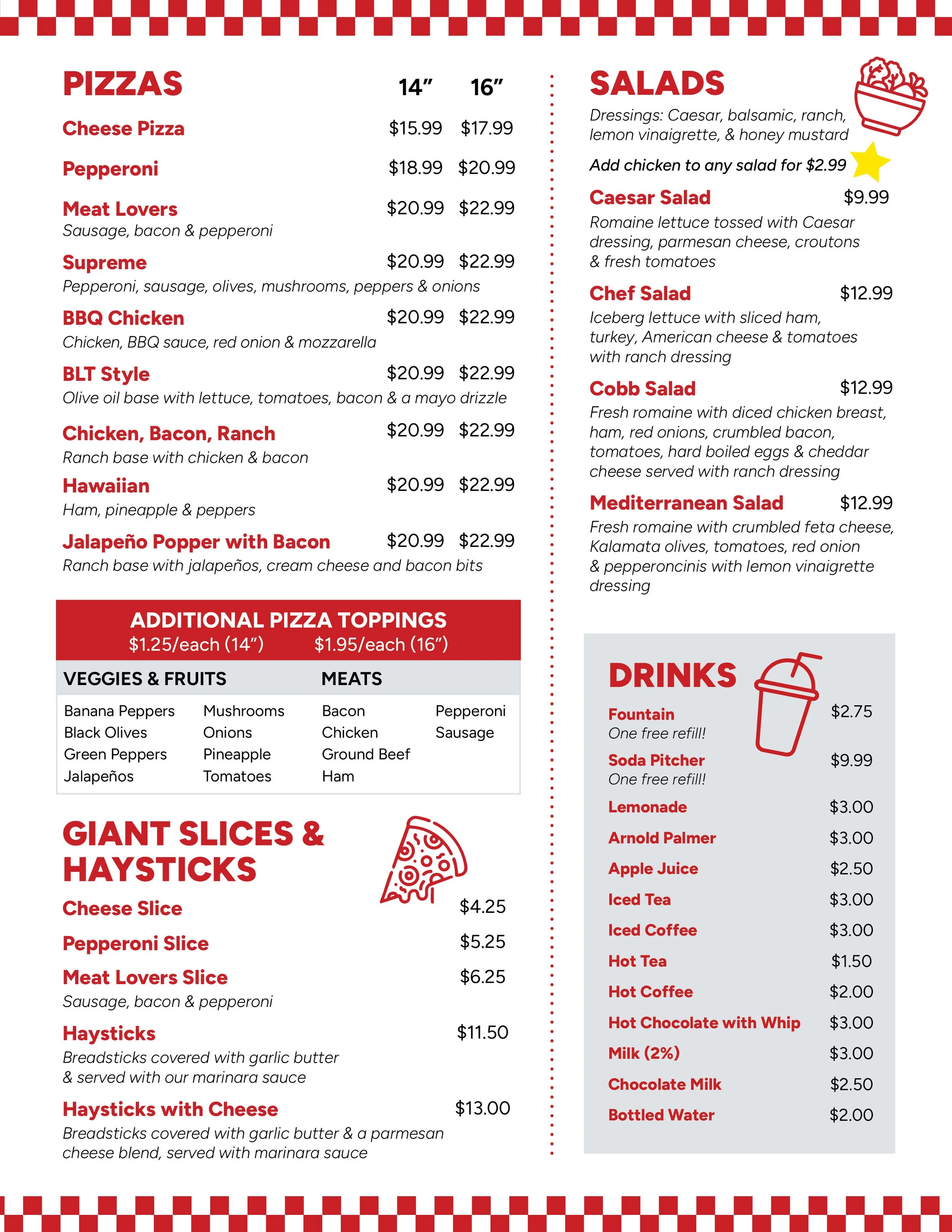 Menu featuring pizzas, salads, drinks, giant slices, and haysticks with prices listed for different sizes and options.