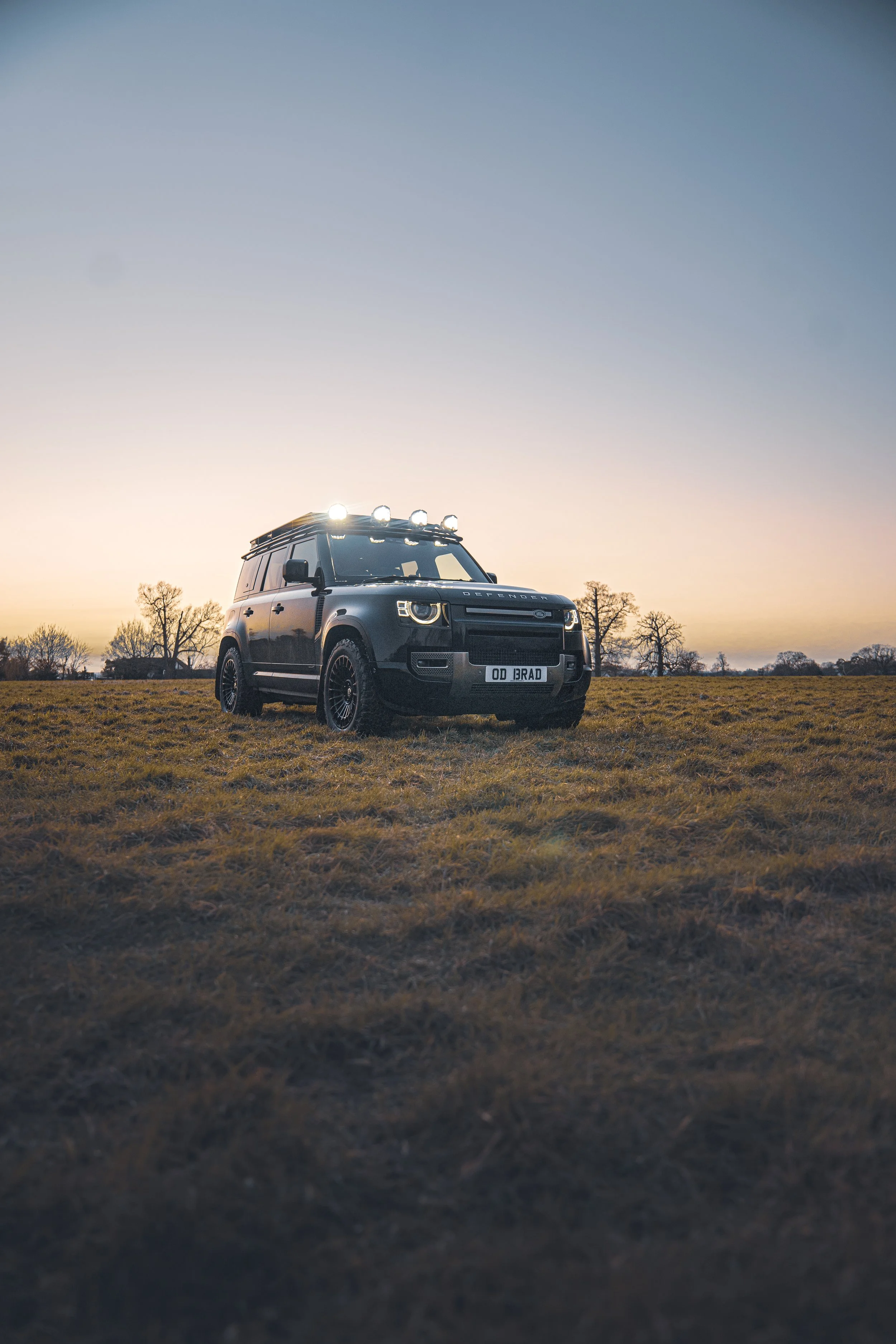 Defender 110 Additional Spotlights at dusk