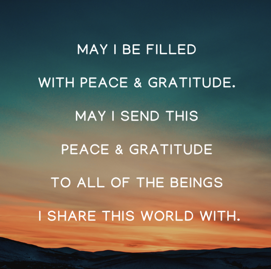 Affirmation graphic reading "May I be filled with peace and gratitude" on a sunset background