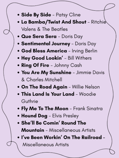List of recommended songs for music therapy in memory care settings including classics by Patsy Cline, Johnny Cash, Frank Sinatra, and Elvis Presley
