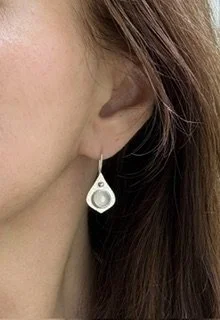 Mini Opulence blue chalcedony earring worn to show the smaller-scale textured sterling silver design
