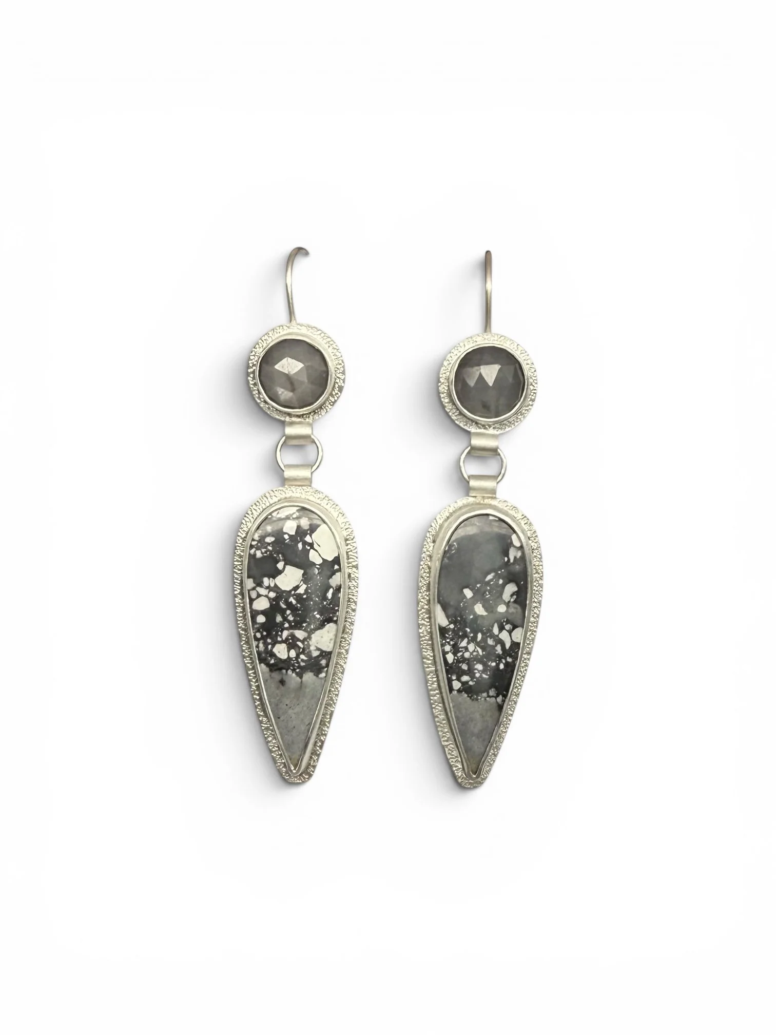 Contemporary sterling silver drop earrings featuring rose-cut silver sapphire and Maligano jasper