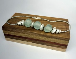 One-of-a-kind Stillwater Necklace with vintage blue-green glass and handmade sterling silver beads
