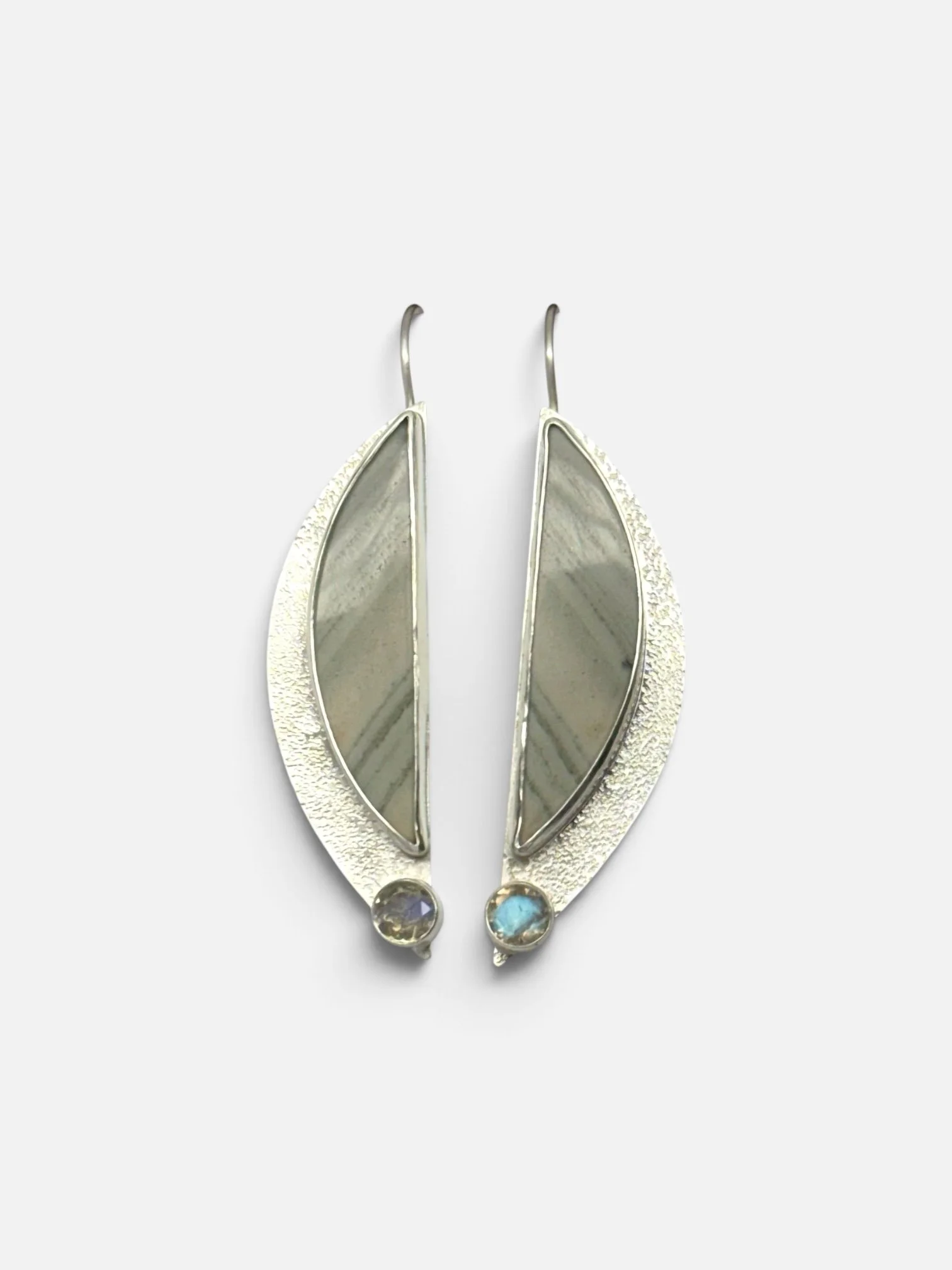 Stormbreak Earrings with Saturn Jasper, textured sterling silver and labradorite, handcrafted by KFinn Designs.
