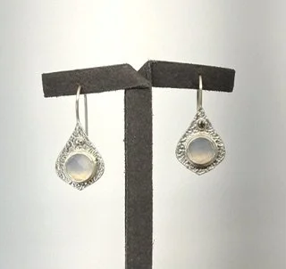 Handcrafted Mini Opulence Earrings with softly translucent blue chalcedony and textured sterling silver