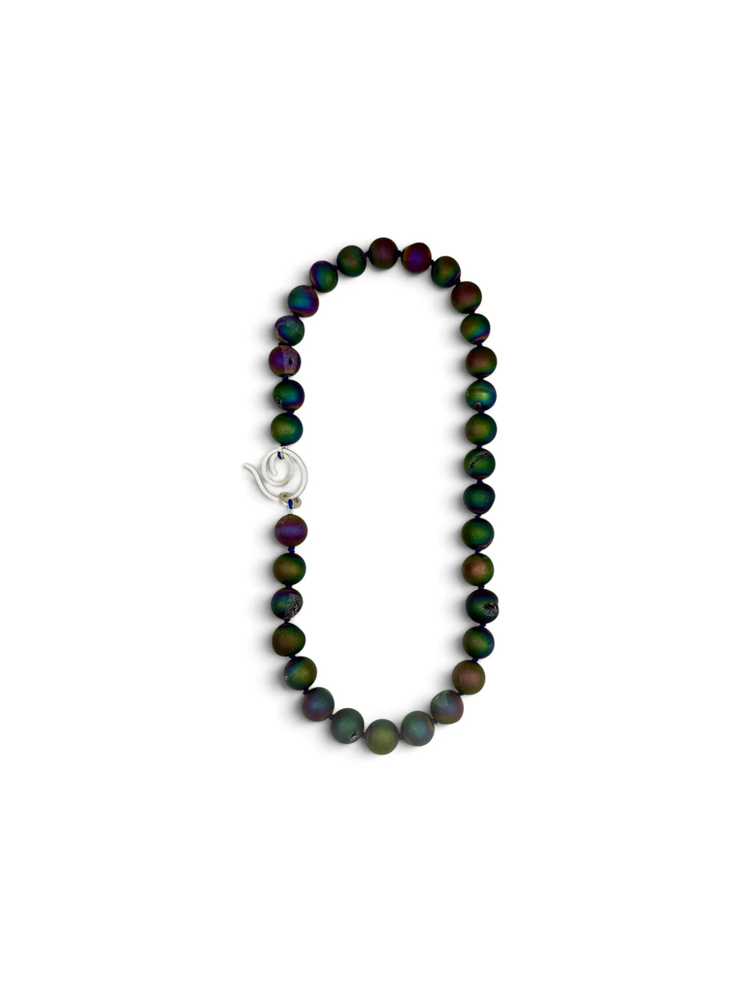 Northern Lights Necklace featuring iridescent rainbow druzy quartz beads hand-knotted on silk with a sterling silver spiral clasp.