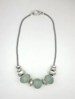 Stillwater Necklace with vintage blue-green glass beads and handcrafted sterling silver beads