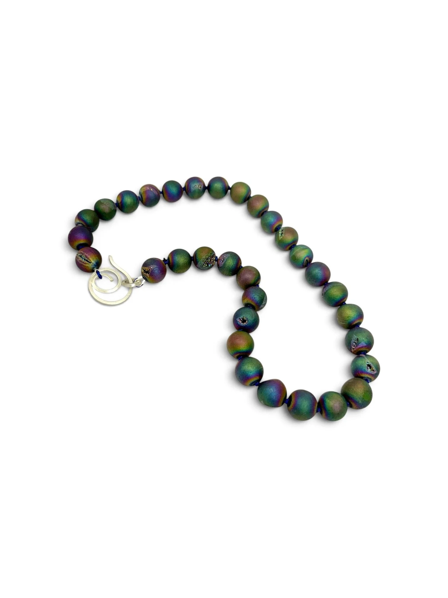 Handcrafted Northern Lights Necklace showing rainbow druzy quartz beads with shifting green, blue, and purple tones and silk knots between the beads.
