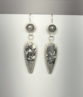 Sea Smoke handcrafted sterling silver earrings with rose-cut silver sapphire and Maligano jasper