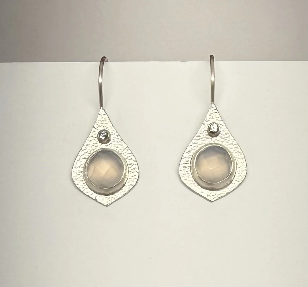 Pair of Mini Opulence Earrings with blue chalcedony gemstones and small faceted accents in textured sterling silver