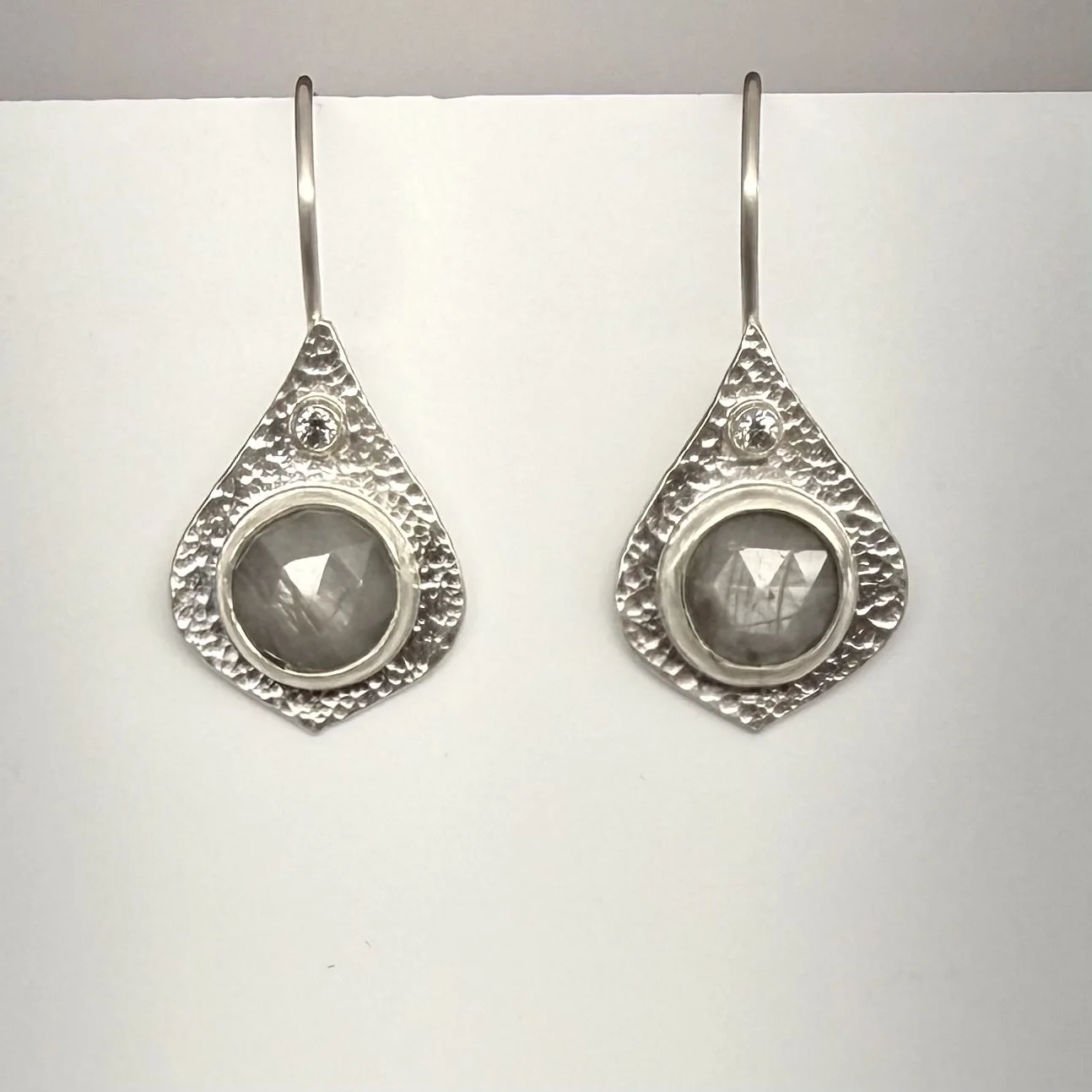 Pair of handcrafted Mini Opulence Earrings featuring rose-cut silver sapphires in textured sterling silver