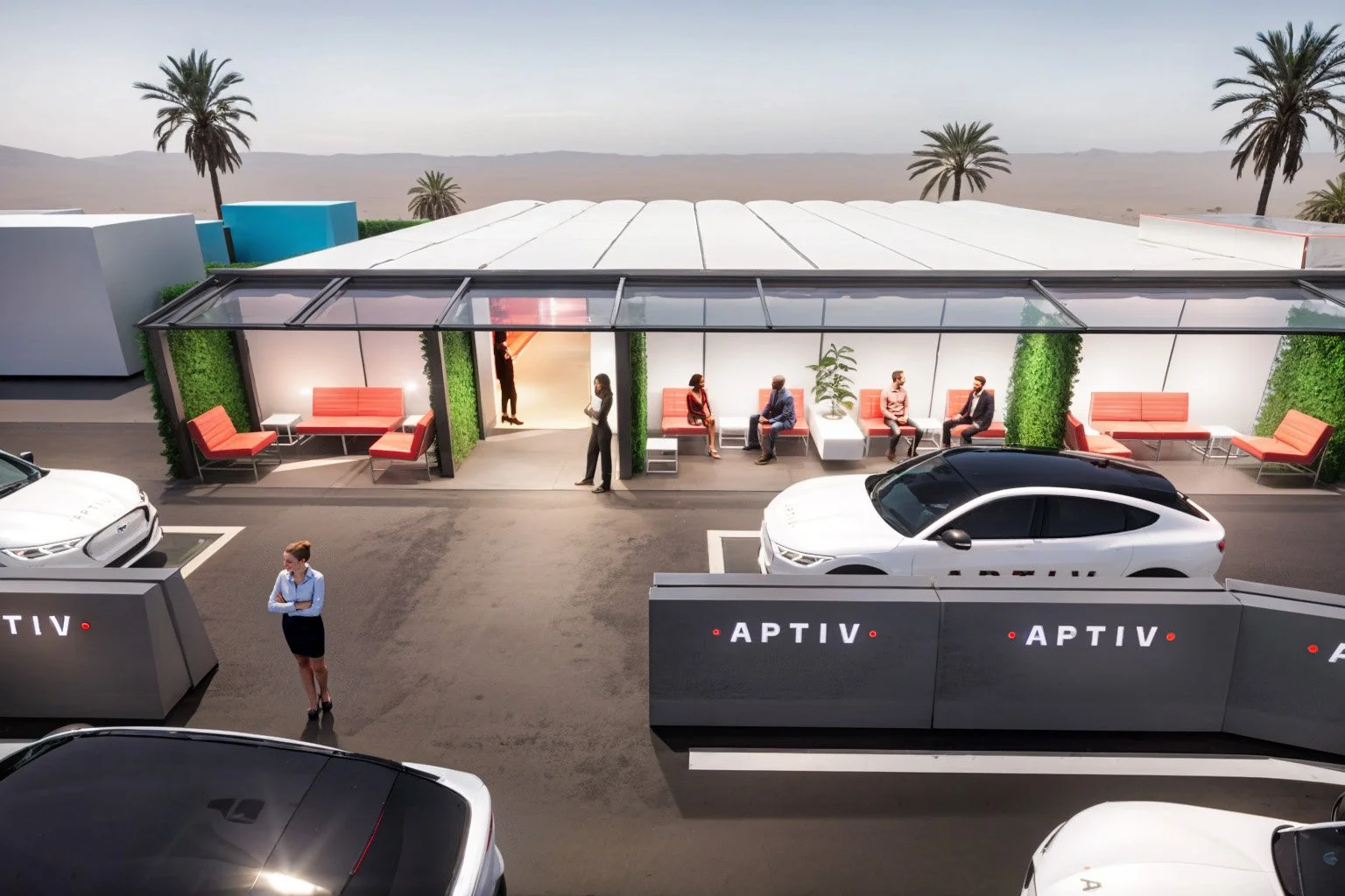 Design of a modern outdoor transit lounge with seating, glass roof, and surrounding parking lot with white cars, in a desert setting with palm trees.