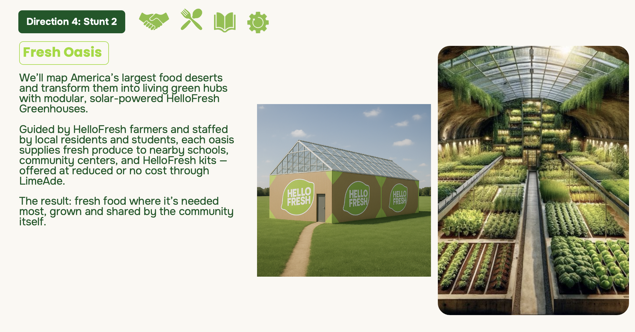 A page from an informational brochure showing an outdoor greenhouse building with HelloFresh branding and a large indoor hydroponic farm with rows of green leafy vegetables, under a glass ceiling with sunlight.