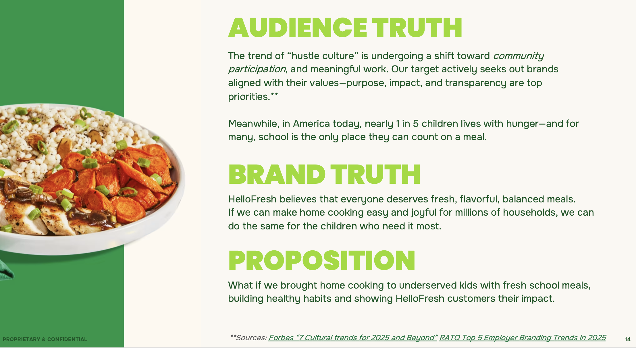 Text on a page discussing audience truth, brand truth, and proposition with a partial image of a bowl of food showing grains, vegetables, and chicken.