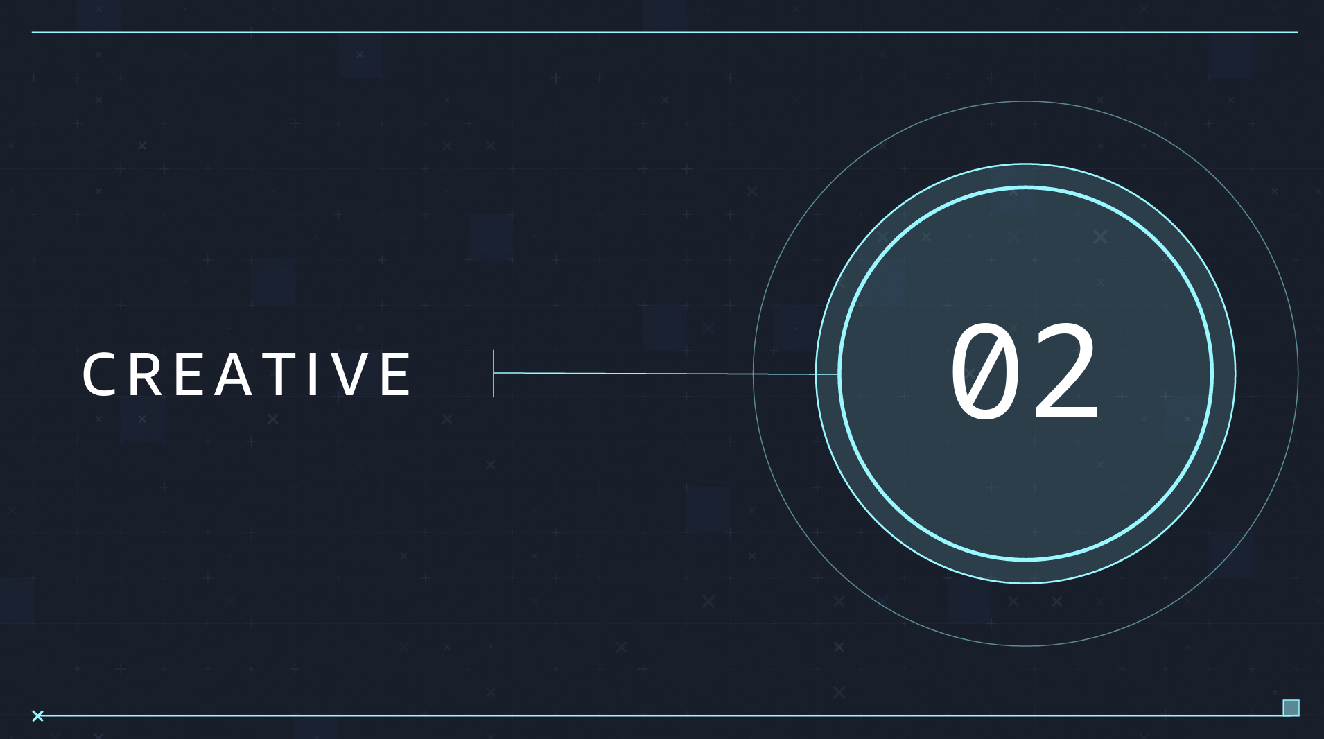 Digital graphic with a dark blue background featuring a circular element with the number 02 and the word CREATIVE to the left.