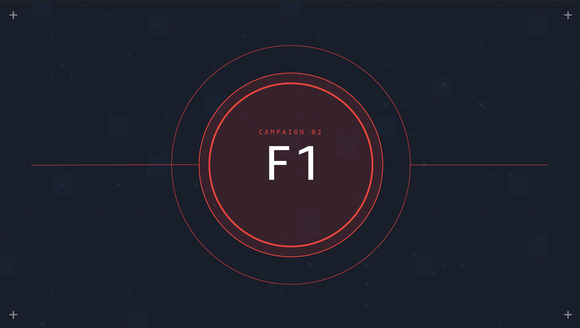 Digital graphic displaying a central circle with the text "F1" and "Campaign 02" above it, set against a dark background with a grid pattern and small square accents, resembling a radar or target interface.