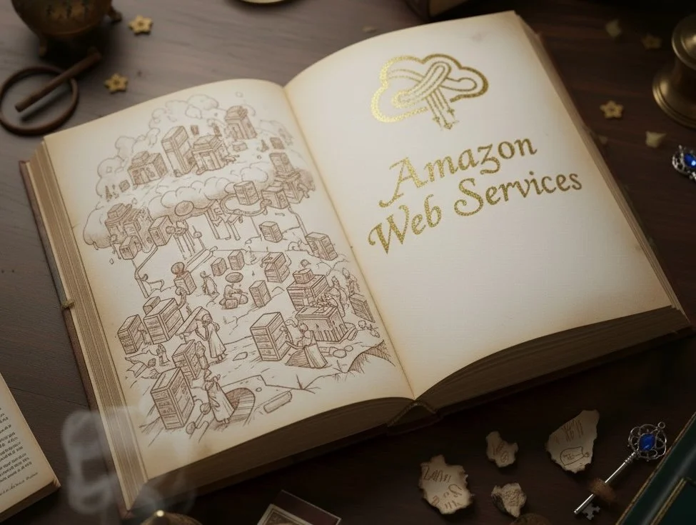 Open book displaying an illustration of people working with boxes and containers, and a page with the title 'Amazon Web Services' and a cloud logo in gold.