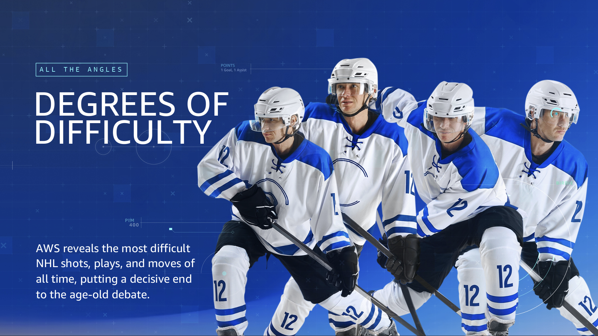 An illustration of four hockey players in white and blue uniforms, in a skating position, with a digital background, and text overlay about hockey shot difficulty.