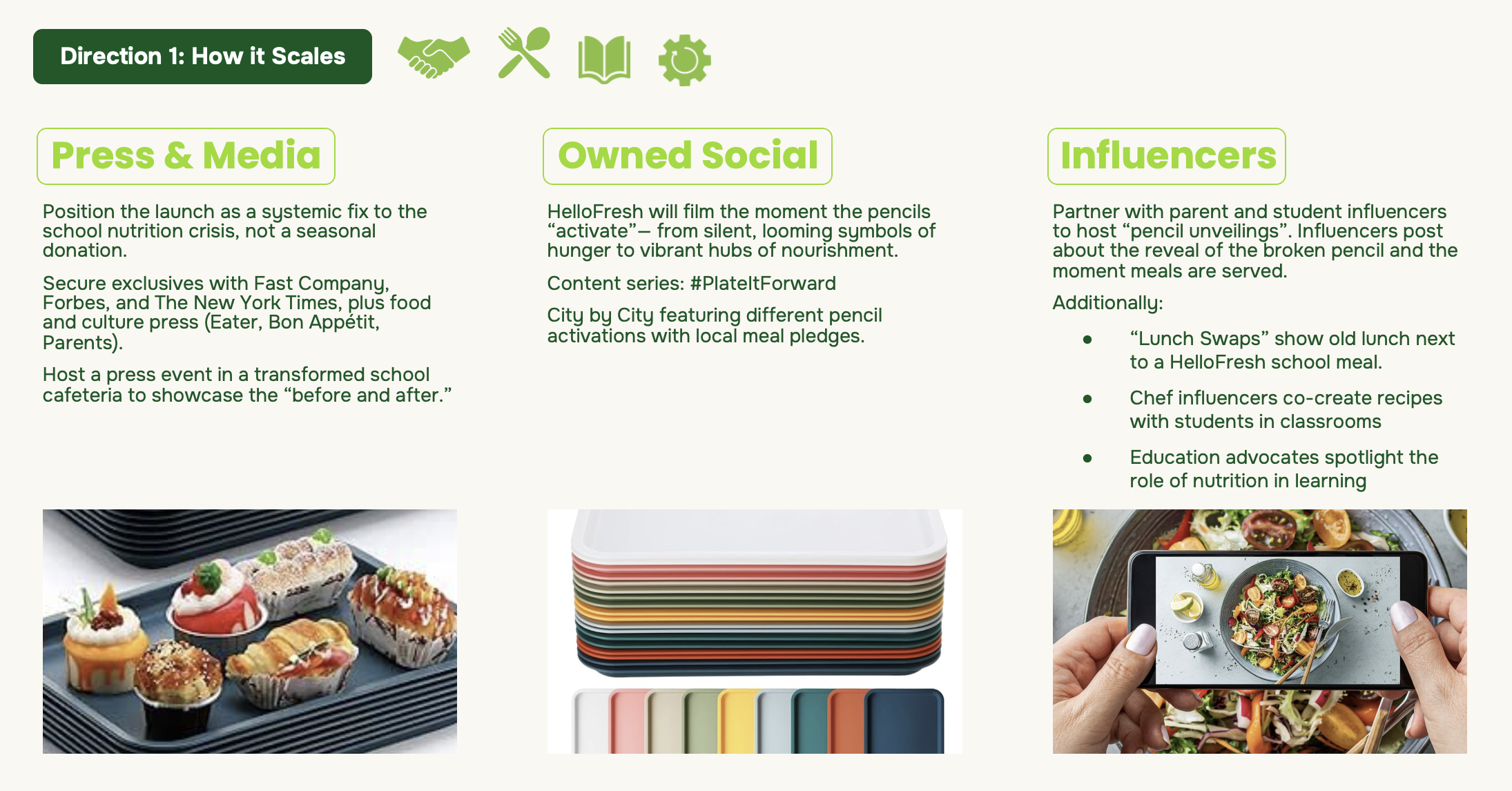 Three images: first shows assorted decorated cupcakes, second displays stacks of colorful plates, third depicts a person taking a photo of a salad with a smartphone.