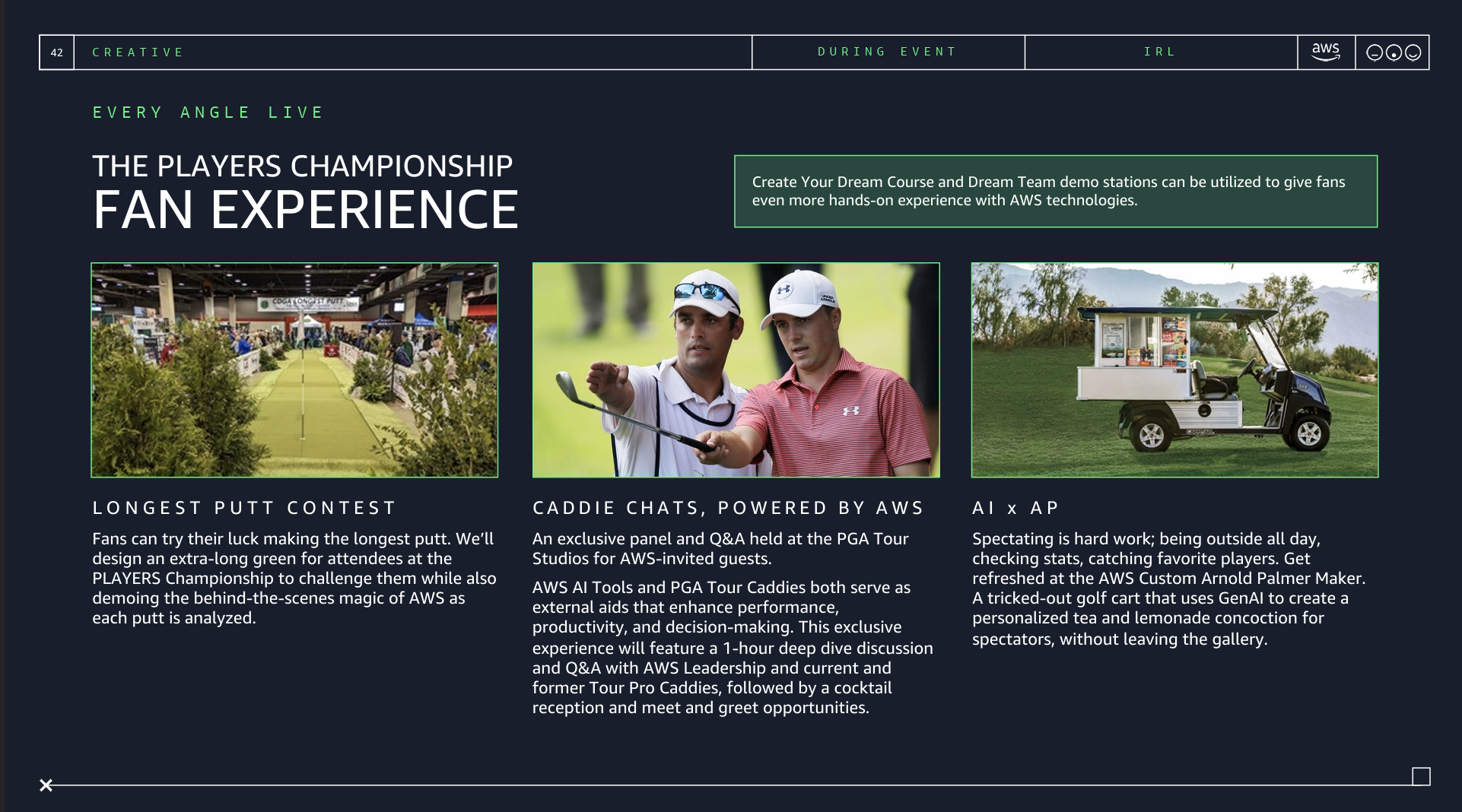 Screenshot of a webpage promoting a fan experience at a sports event, featuring images of a long putt contest, golf caddies, and a golf cart with a snack stand, with text describing each activity.