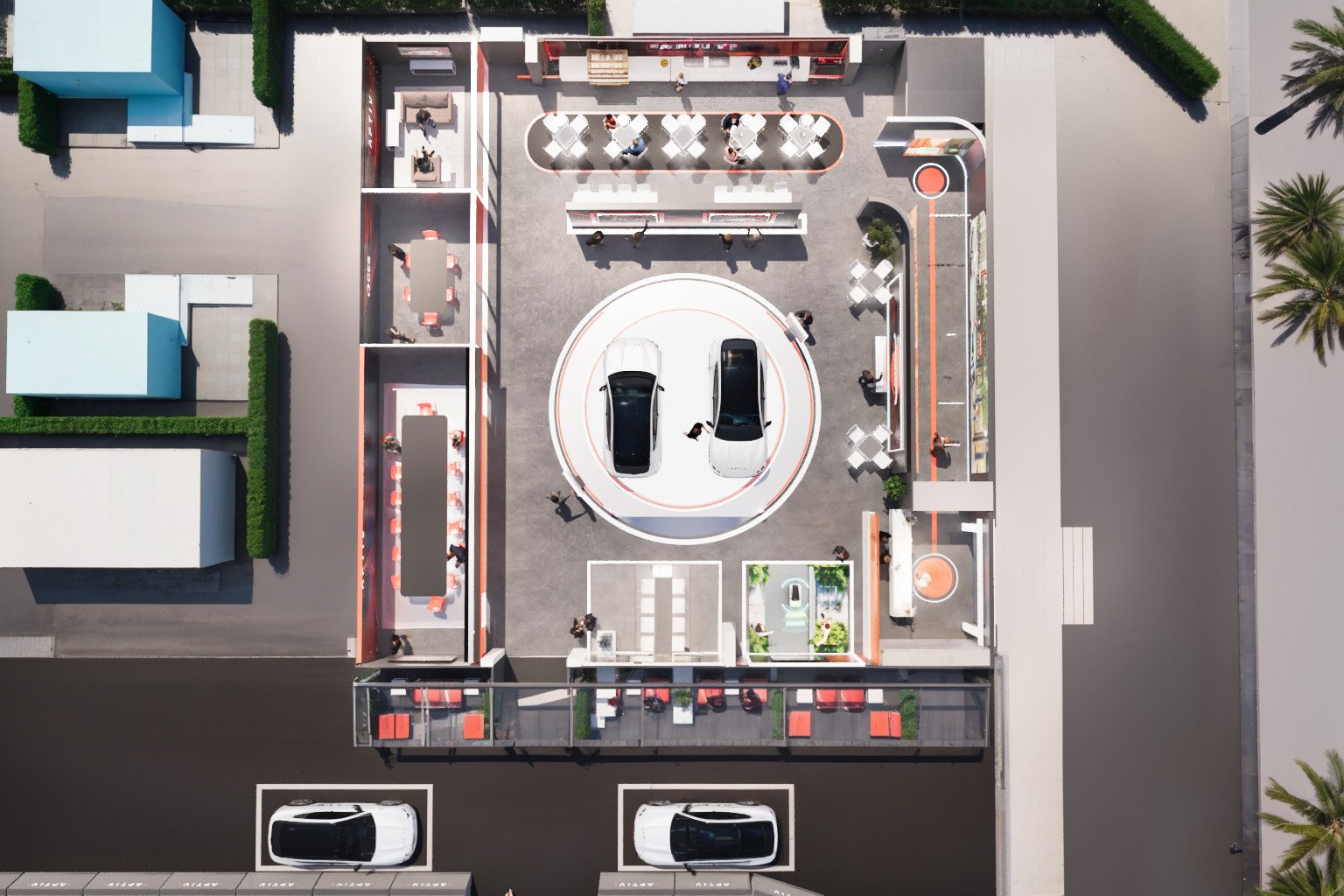 Aerial view of a modern parking area with two parked cars on a circular platform, surrounded by a cafe or lounge with outdoor seating, small tables, and green plants. There are pedestrians walking and sitting, and landscaped areas with palm trees on the sides.