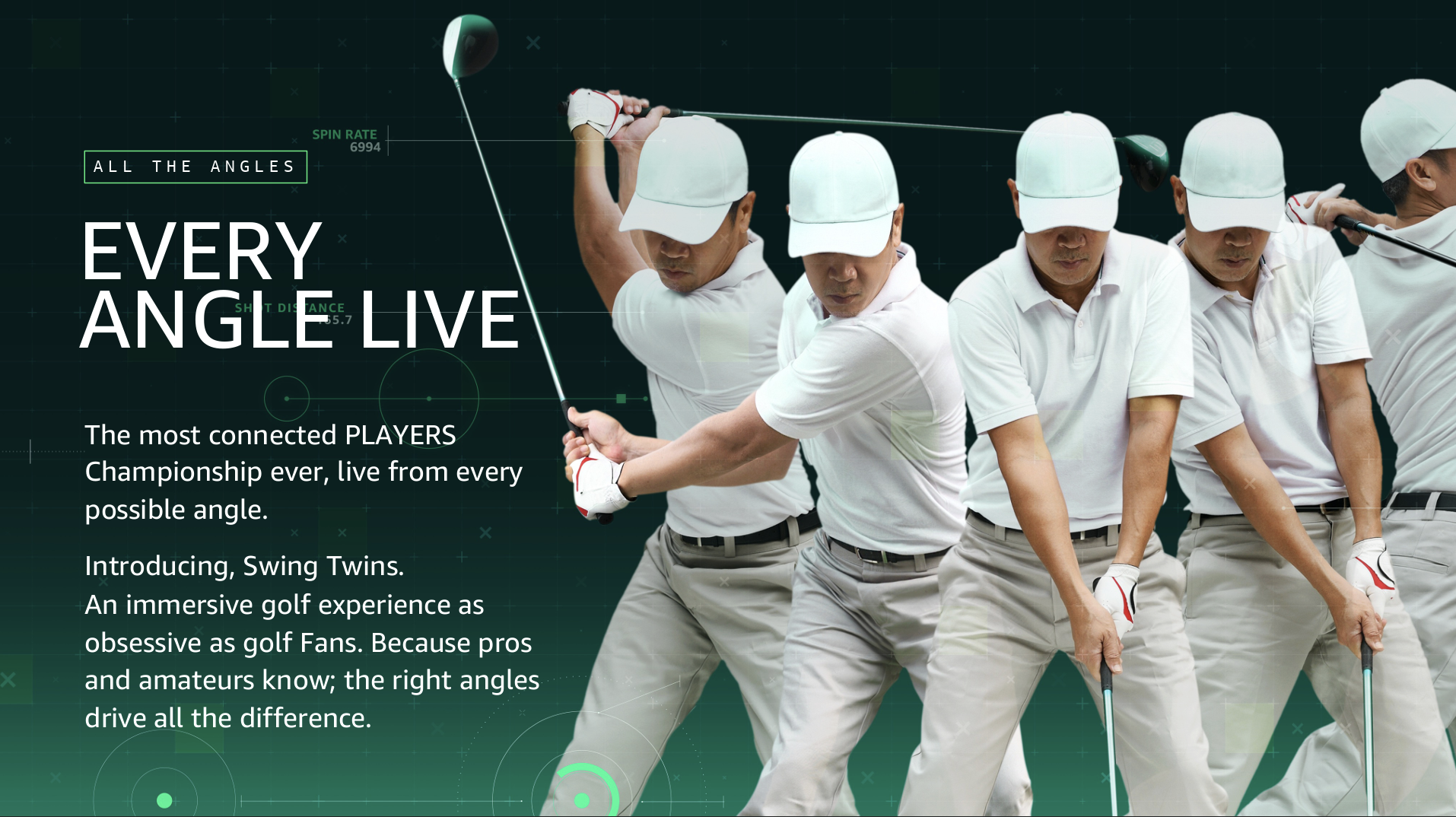 Group of five male golfers in white shirts, beige pants, and white caps, demonstrating different golf swings against a green digital graphic background with text about golf angles and engaging golf experiences.