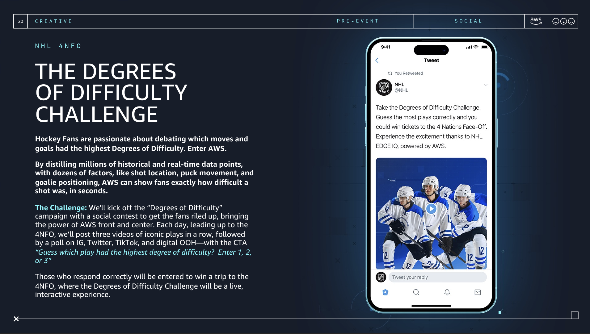 An informational graphic about NHL's Degrees of Difficulty Challenge, featuring a smartphone showing a tweet from NHL about the challenge with an image of hockey players in blue and white uniforms.