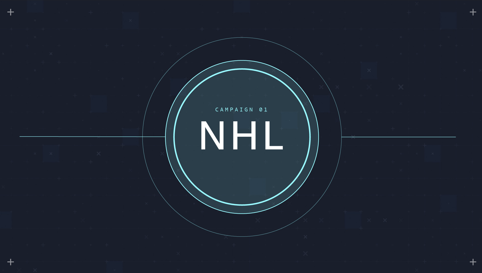 Digital graphic with a navy blue background featuring small light blue and white pixelated squares and crosses. In the center, there is a large dark teal circle with multiple concentric light blue circles around it. Inside the circle, white text reads "NHL", with smaller blue text above it saying "Campaign 01".