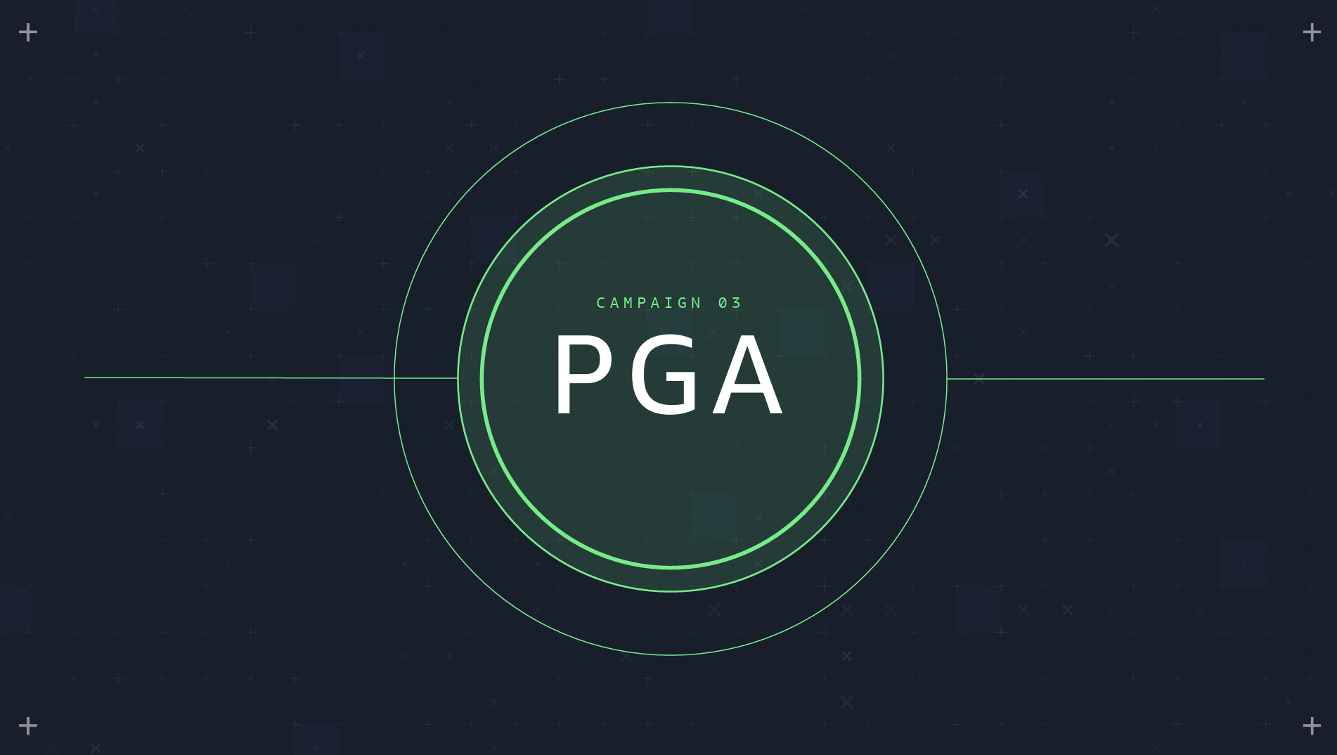 Digital graphic with a dark background and green concentric circles. Centered text reads 'PGA' with smaller text above saying 'Campaign 03'.