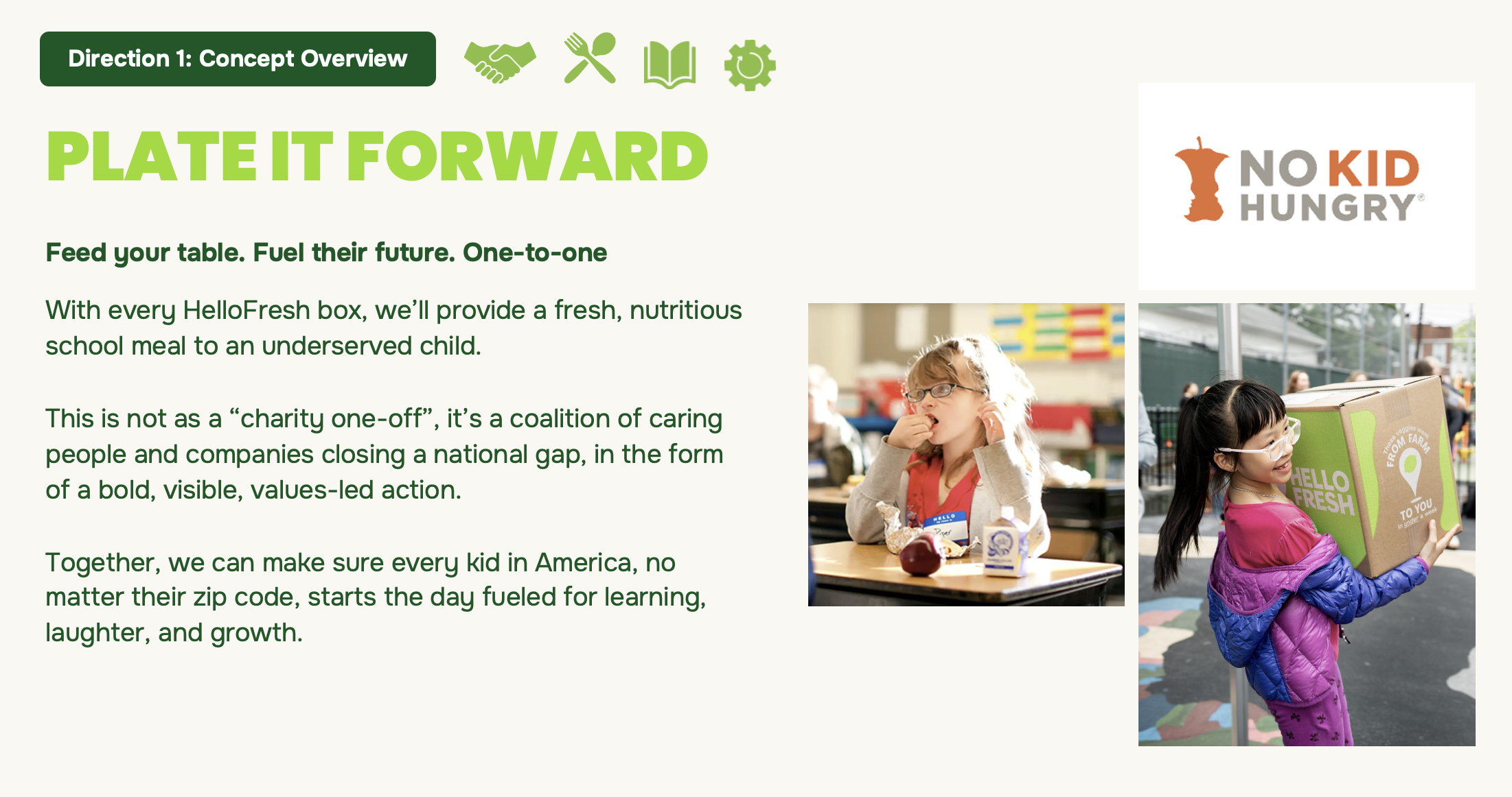 Children receiving and enjoying healthy school meals, one girl with a lunchbox and another carrying a HelloFresh box, with a logo from No Kid Hungry.