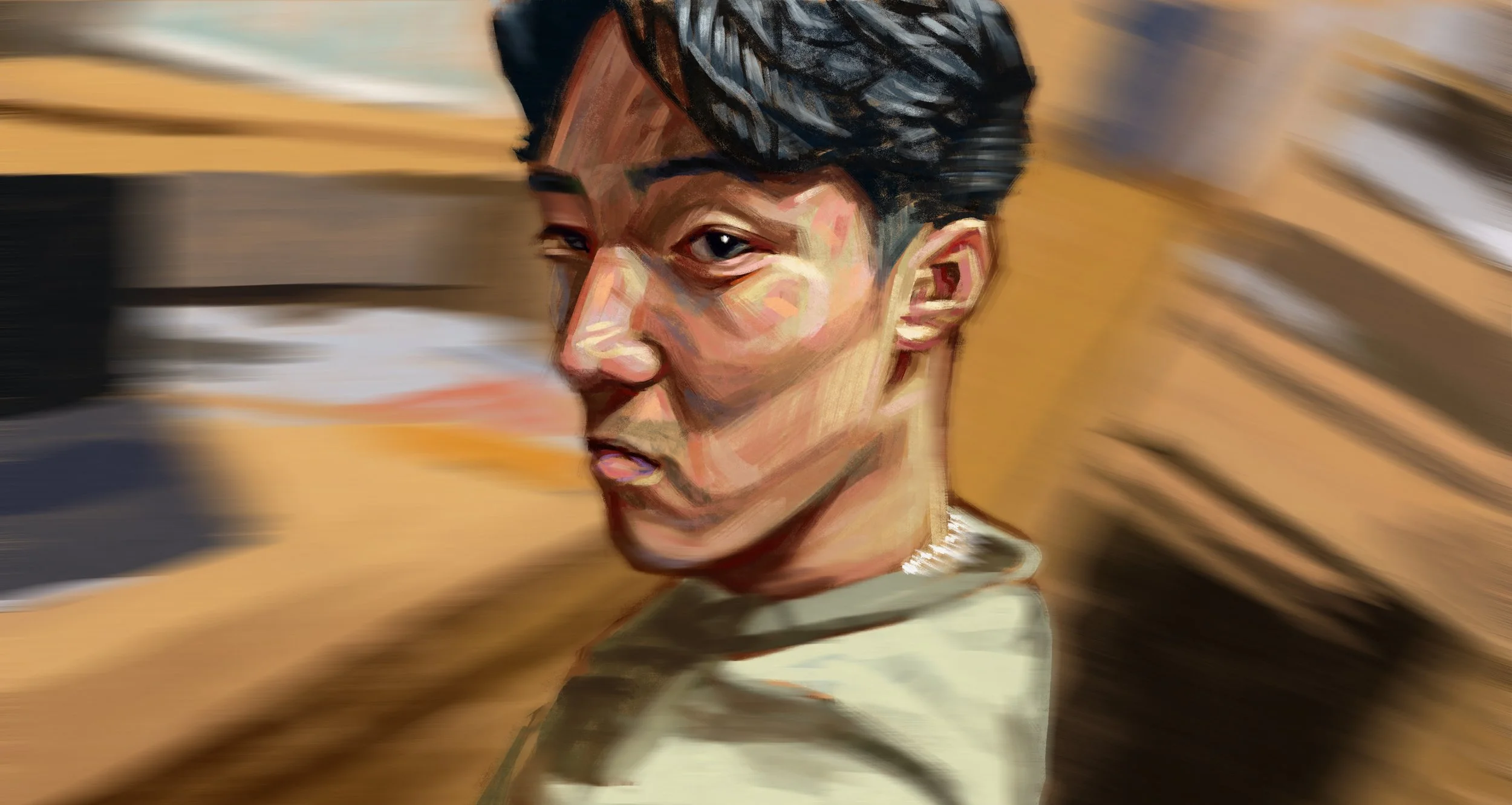 An abstract, painted portrait of a young man with dark, wavy hair, and an expression of confidence, set against a blurred background.