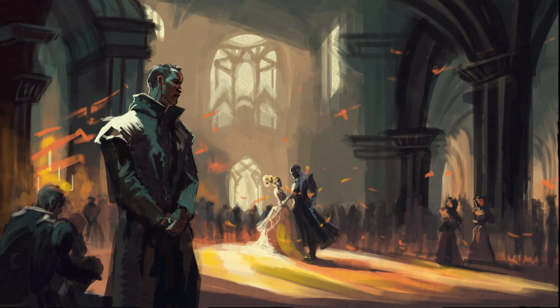 Digital painting of a scene inside a Gothic cathedral with a couple dancing, a man in a military uniform standing, and other figures in the background, with light streaming through large stained glass windows.