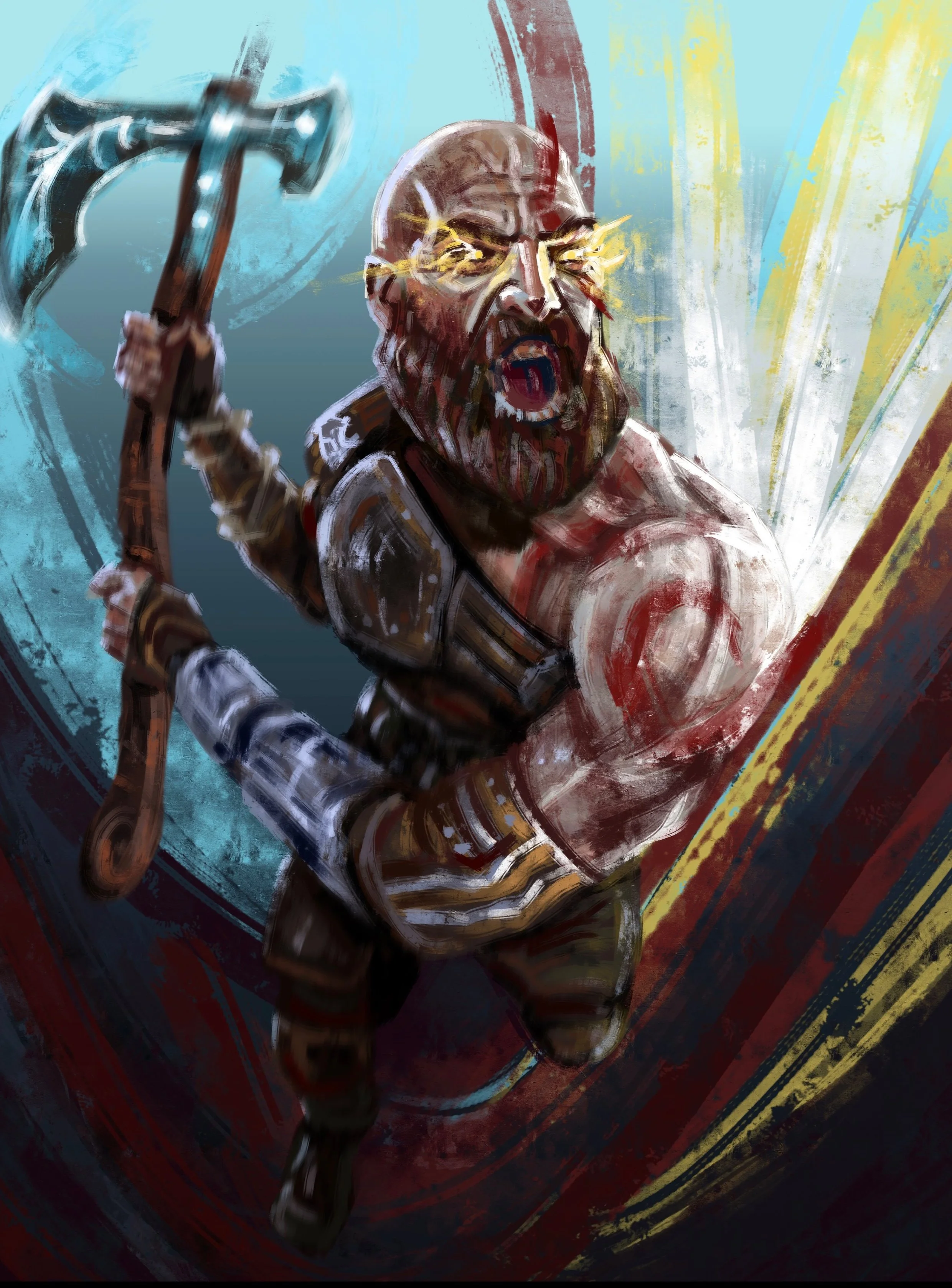 A fierce, bearded warrior with glowing eyes, wielding a large axe, in a dynamic, colorful, and abstract background.