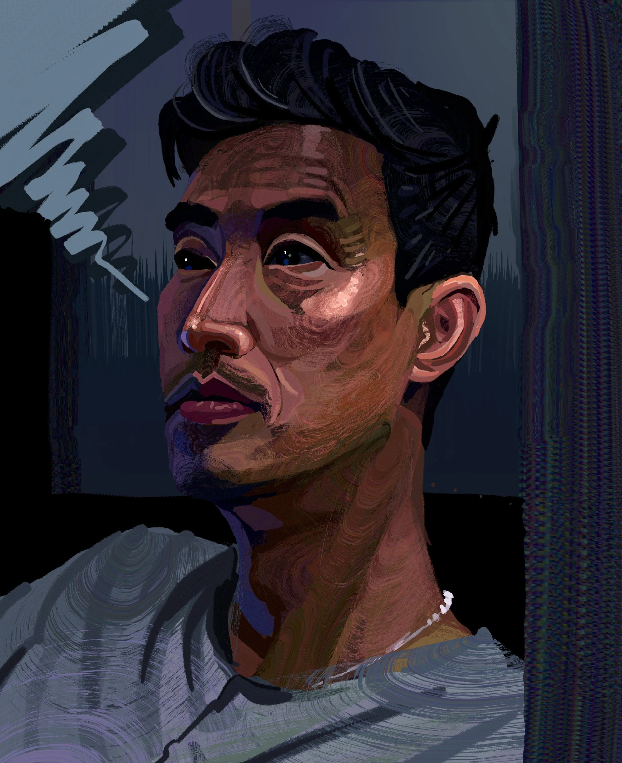 Digital painting of a young man with dark hair, looking to the side, with a dark background.