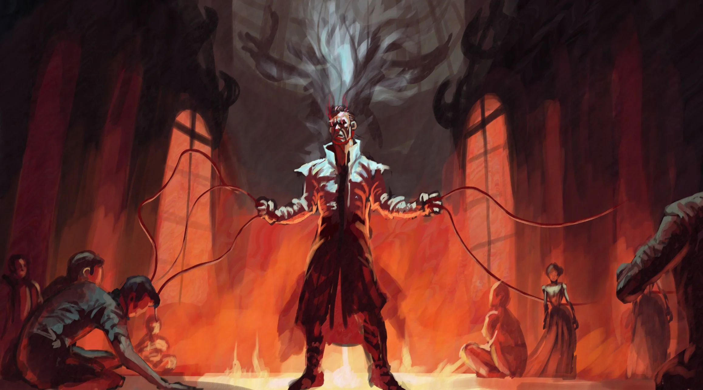 A dark, ominous room with tall arched windows and red-orange lighting. A figure in the center wears a mask, a torn white shirt, and dark pants, holding wires or tendrils that emit a glow. Behind him, a smoky, bird-shaped shadow or aura looms in the a