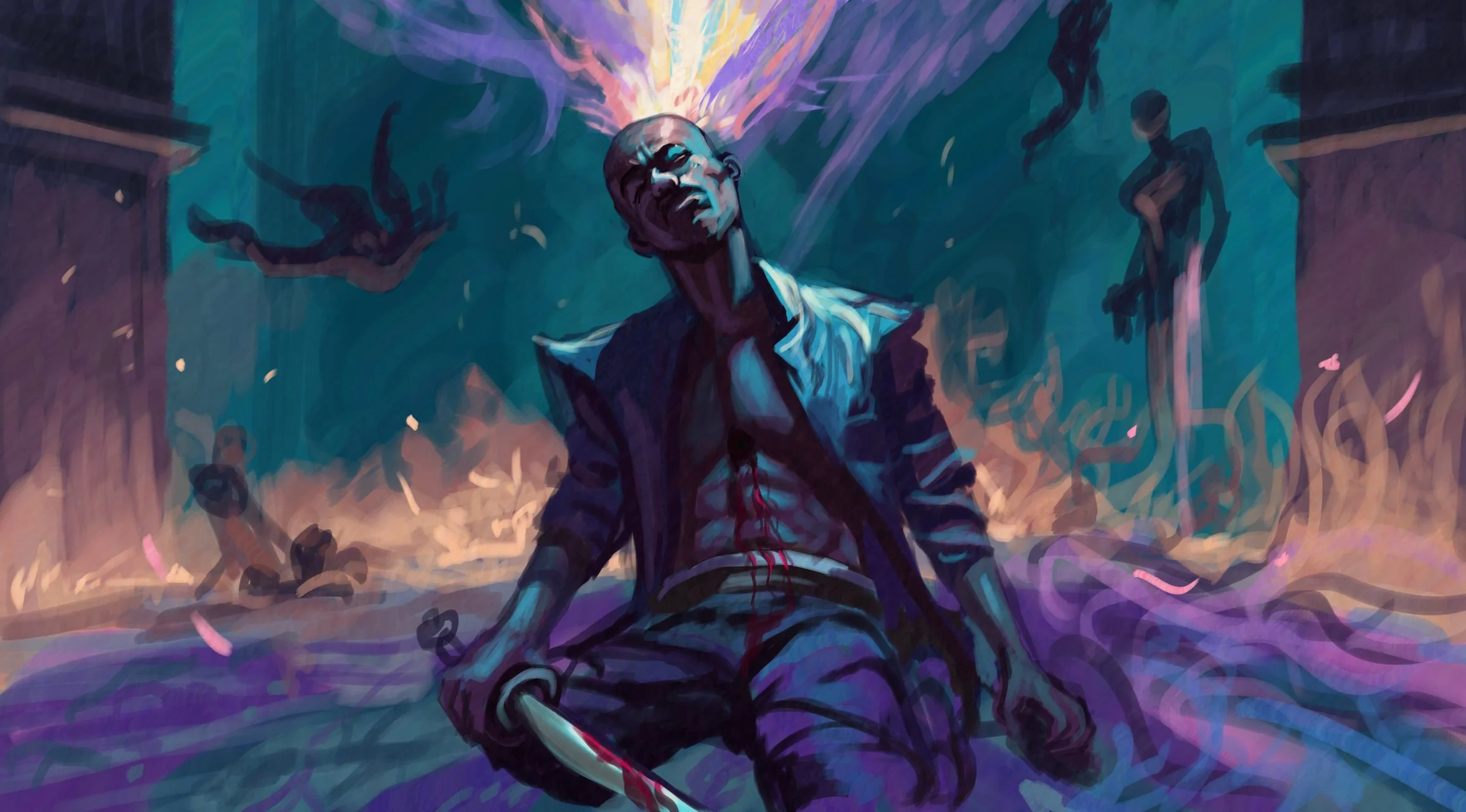 A painting of a man with a shaved head and blood on his shirt, sitting on the ground with a knife in his hand, surrounded by flames and dark figures in the background.