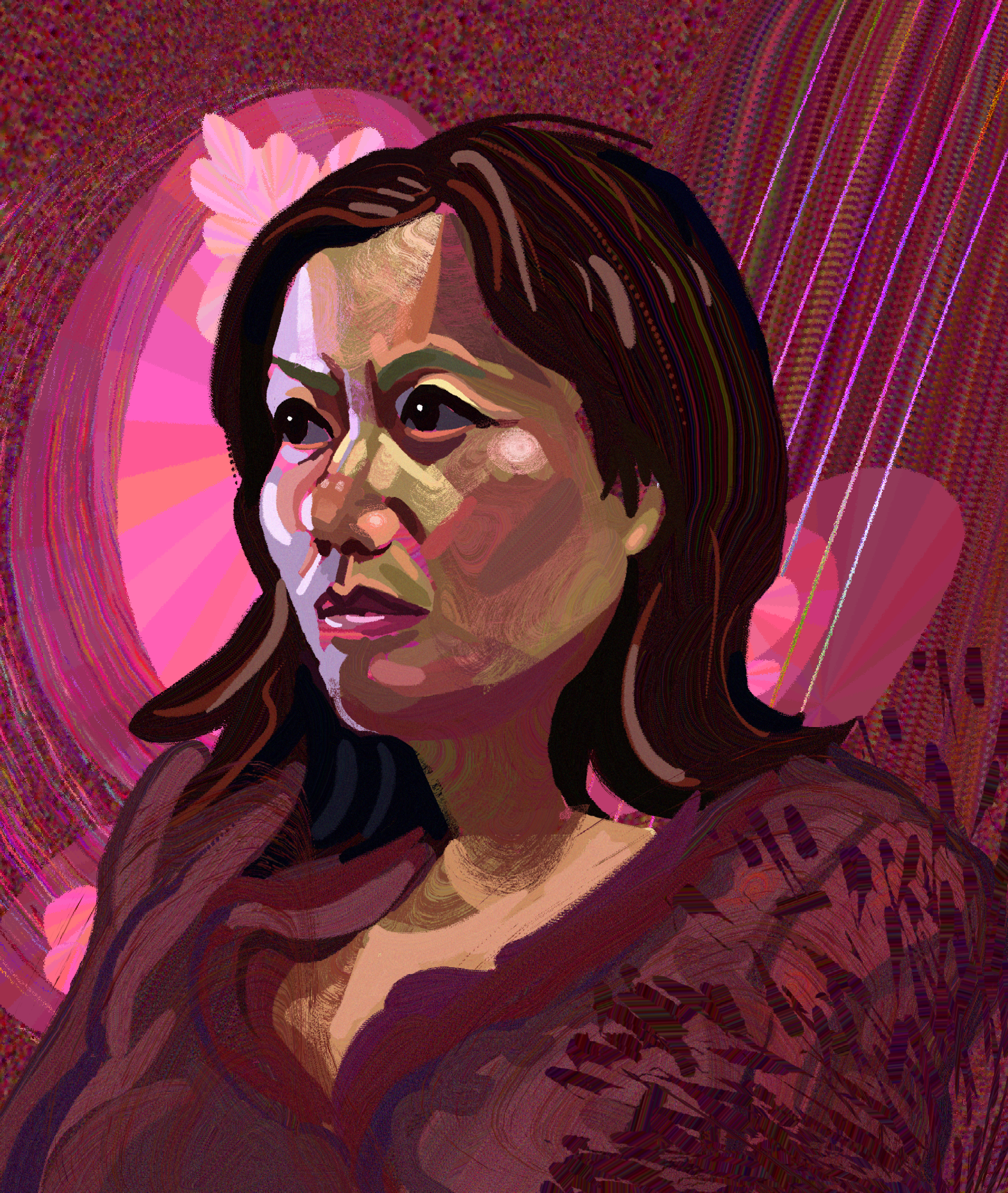 Digital artistic portrait of a woman with dark hair, wearing a pink flower headband, set against a vibrant pink and brown abstract background.