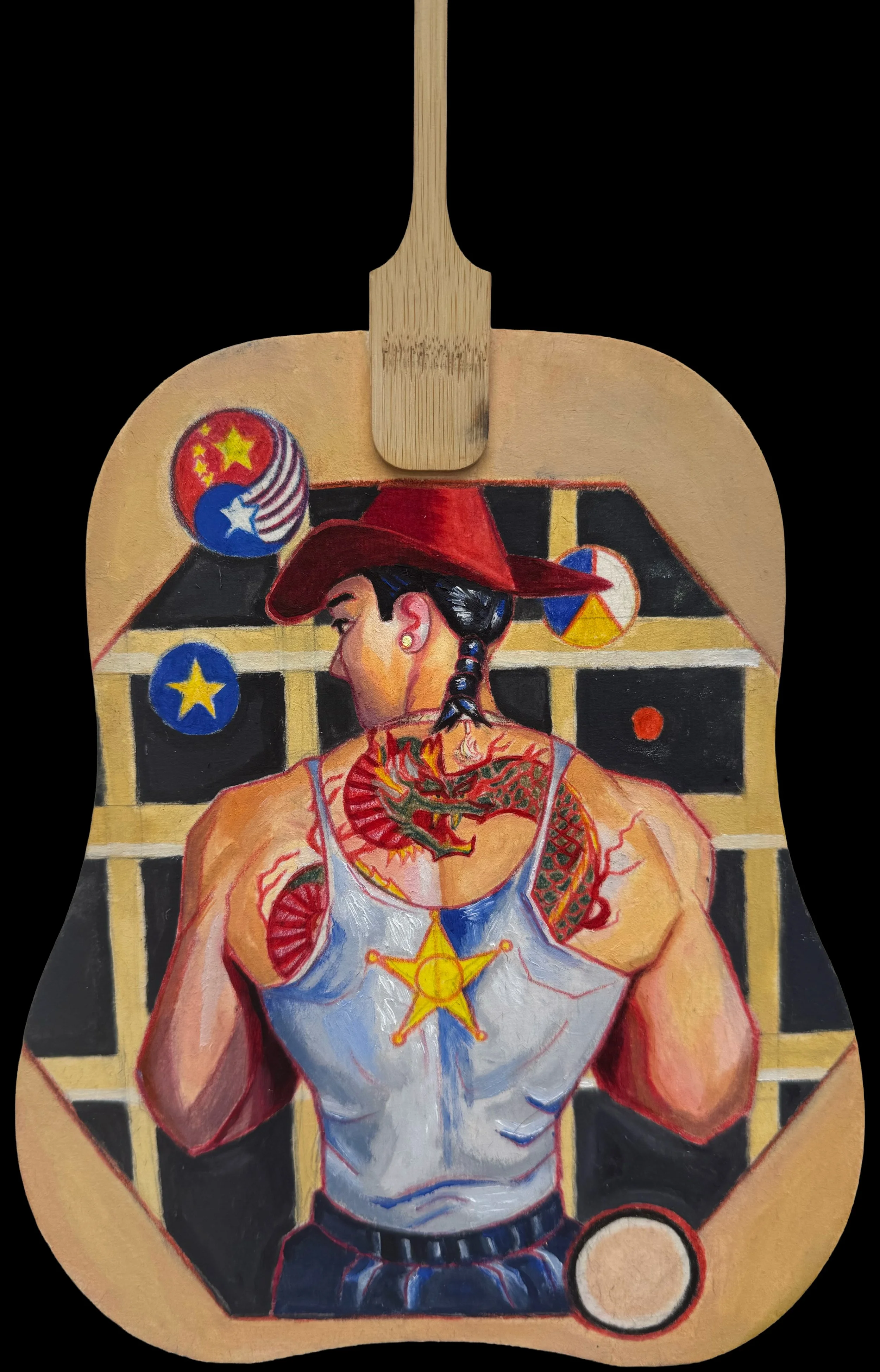 Colorful portrait of a woman with tattoos on her arms, wearing a red cowboy hat and a white tank top with a star emblem, set against a background with geometric shapes and colorful patterns.