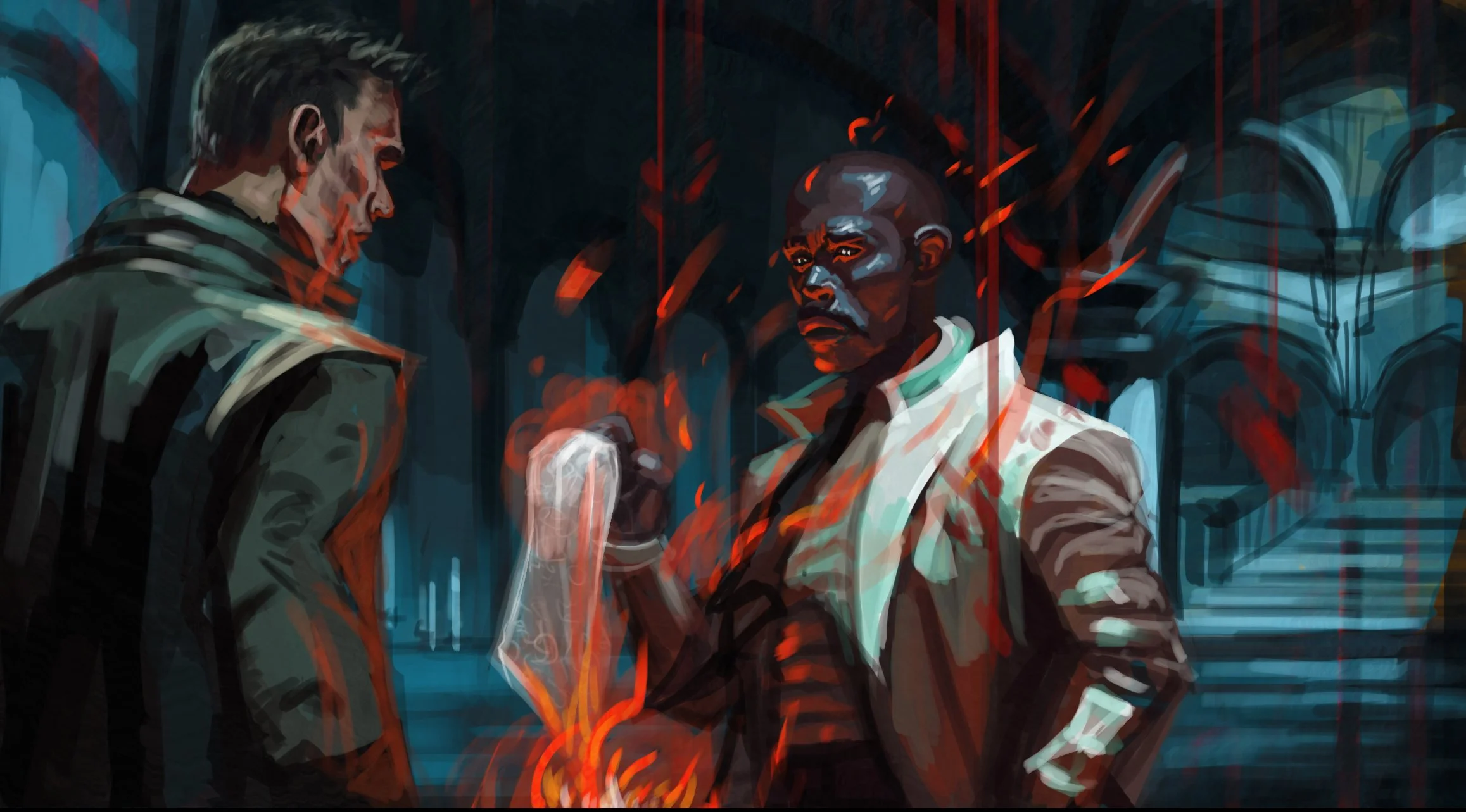 Two men in a tense confrontation in a dark, industrial setting, with glowing red and orange tones highlighting the intensity of the scene.
