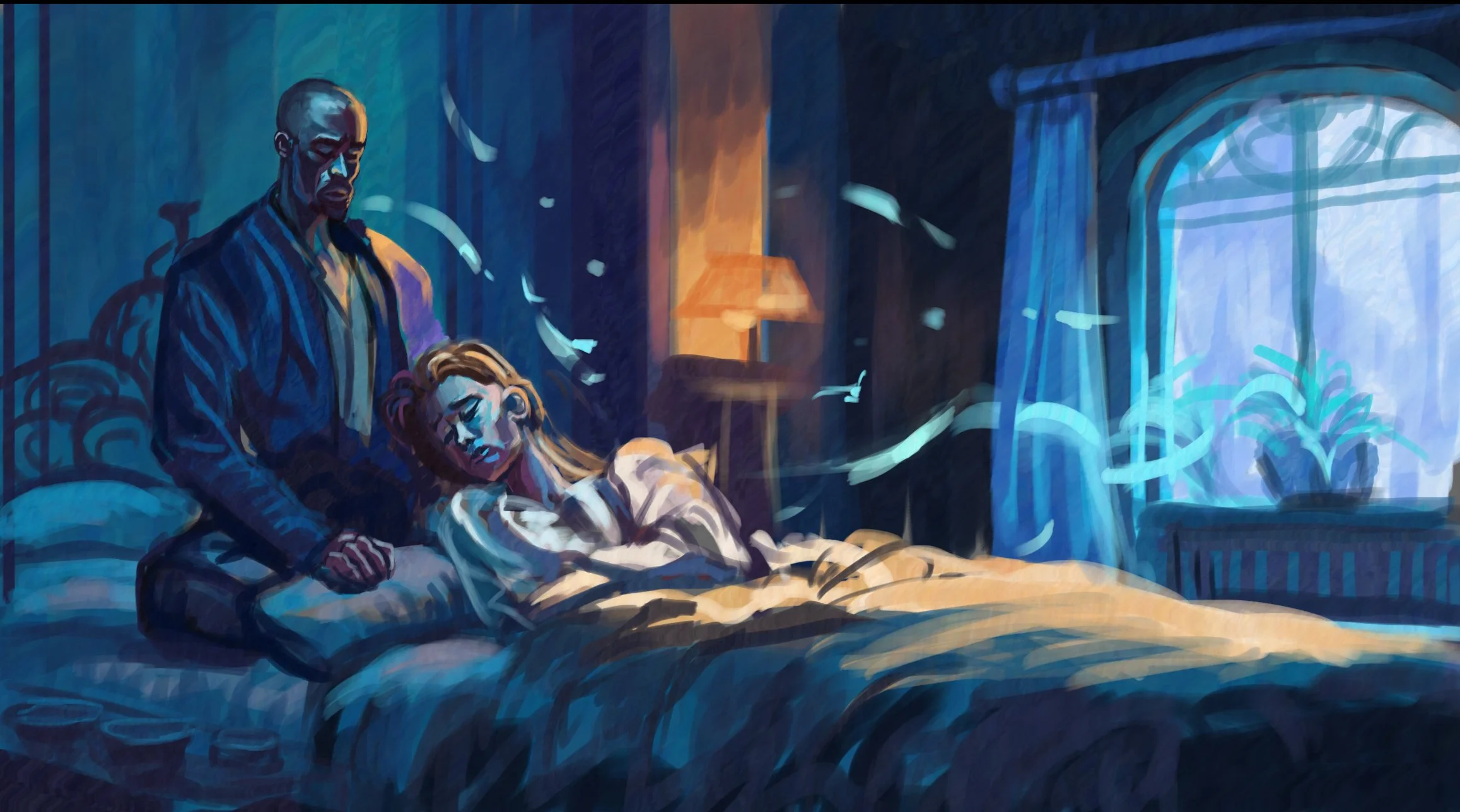 A painting of a man in a robe comforting a woman lying in bed, with papers floating around and a bright window in the background.