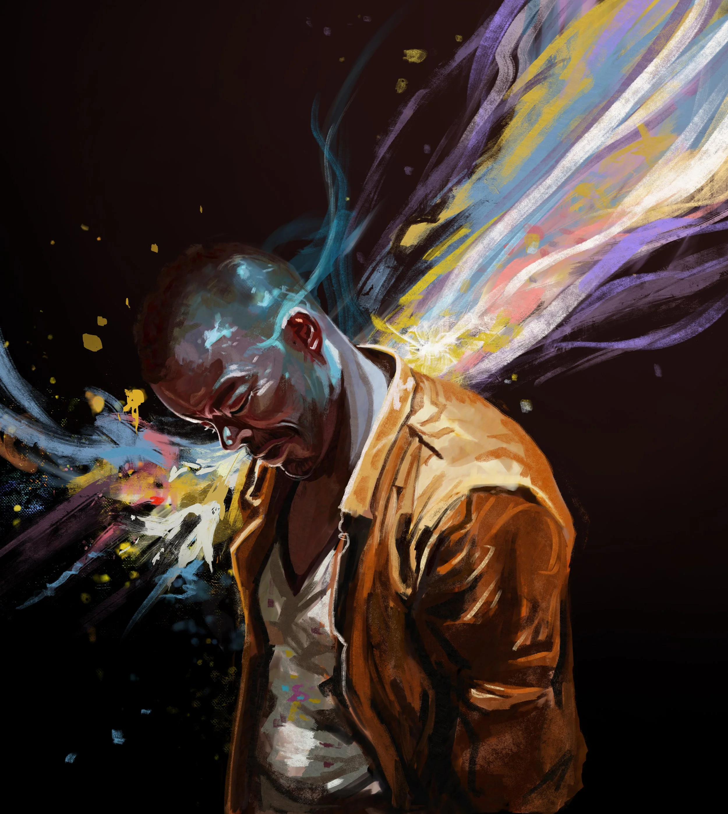Digital artwork of a man with glasses and a beard, wearing a brown jacket and white shirt, looking distressed, with abstract colorful streaks emanating from his head against a black background.