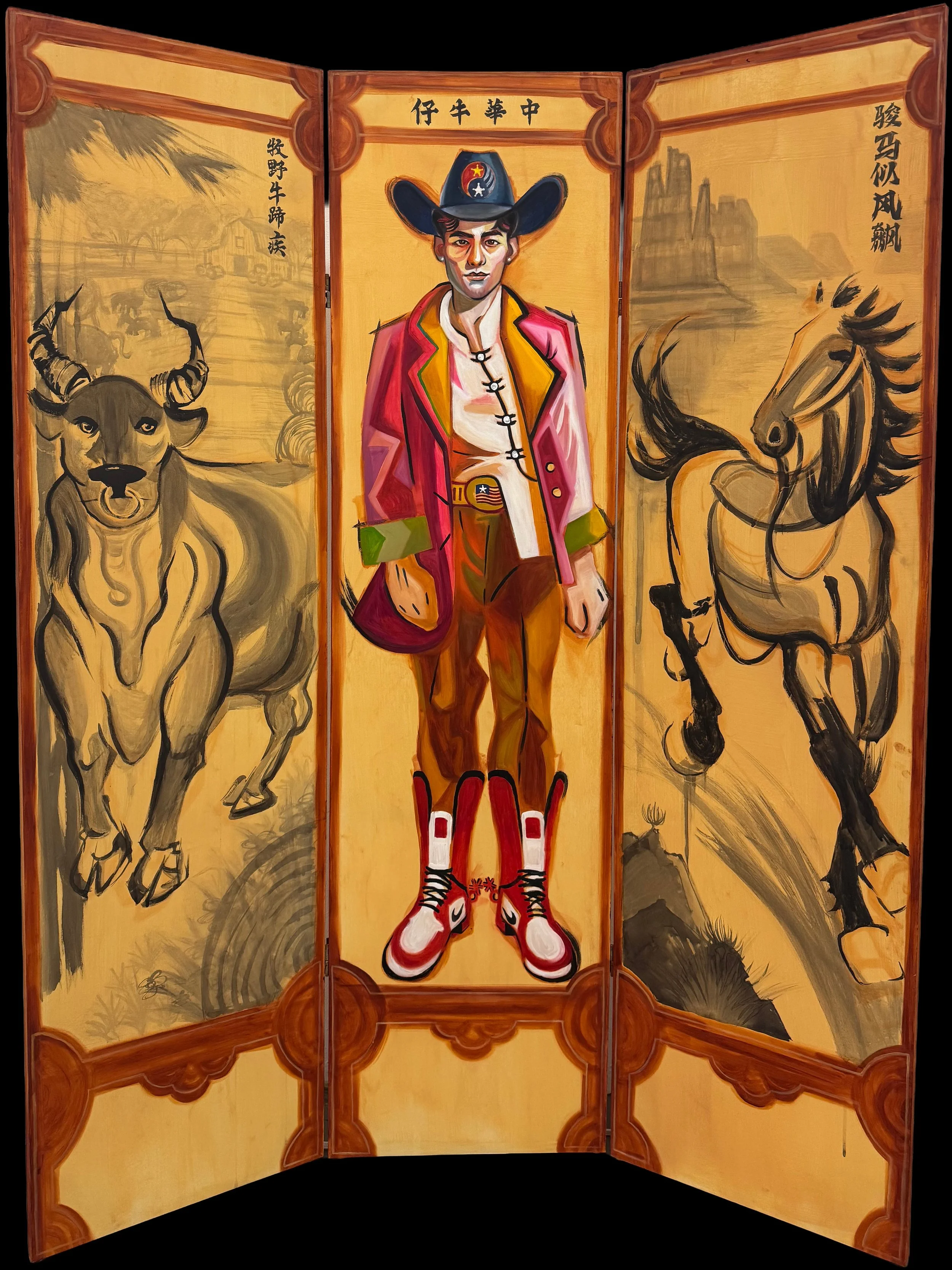 A three-panel folding screen featuring a painting of a man dressed as a cowboy in the center, flanked by illustrations of a buffalo on the left and a horse on the right, with mountain and desert scenery in the background.