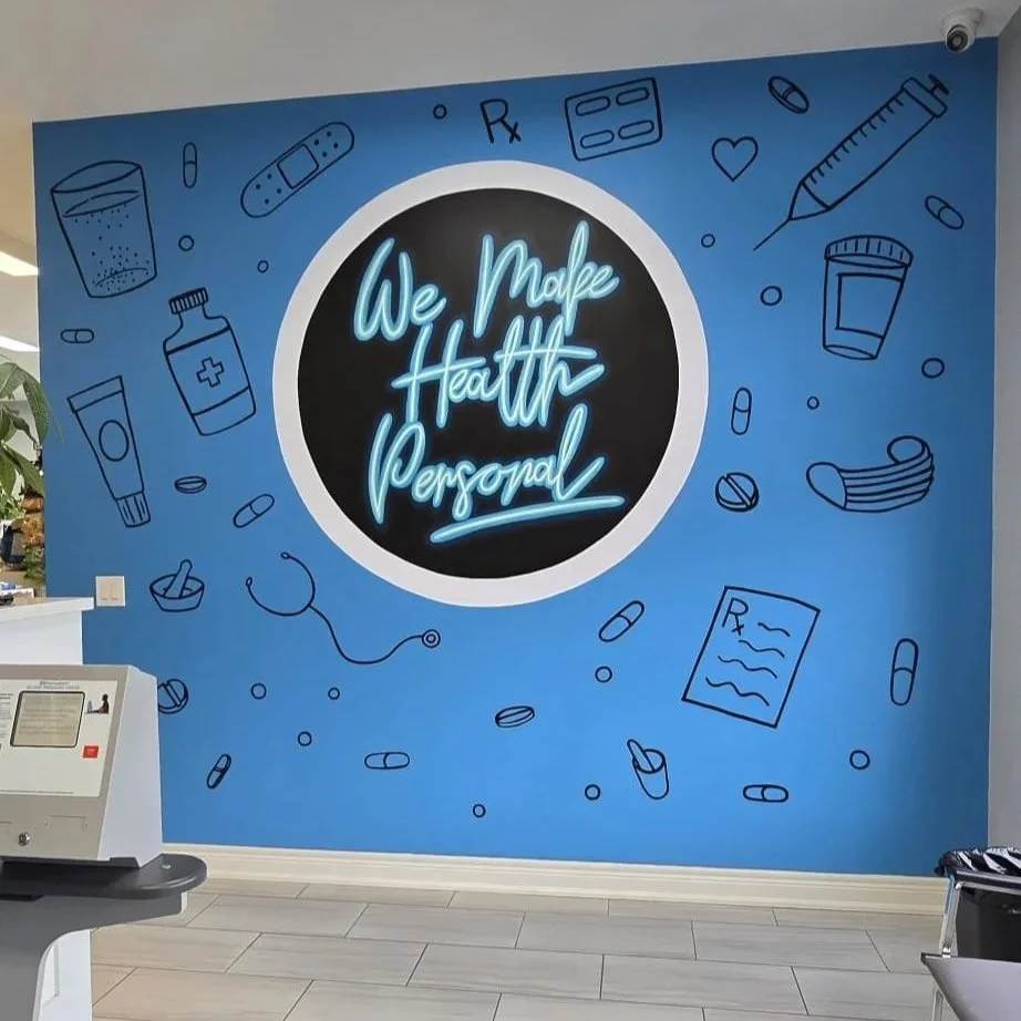 This friendly blue colour and fun design makes this waiting area and blood pressure checking zone much more welcoming.