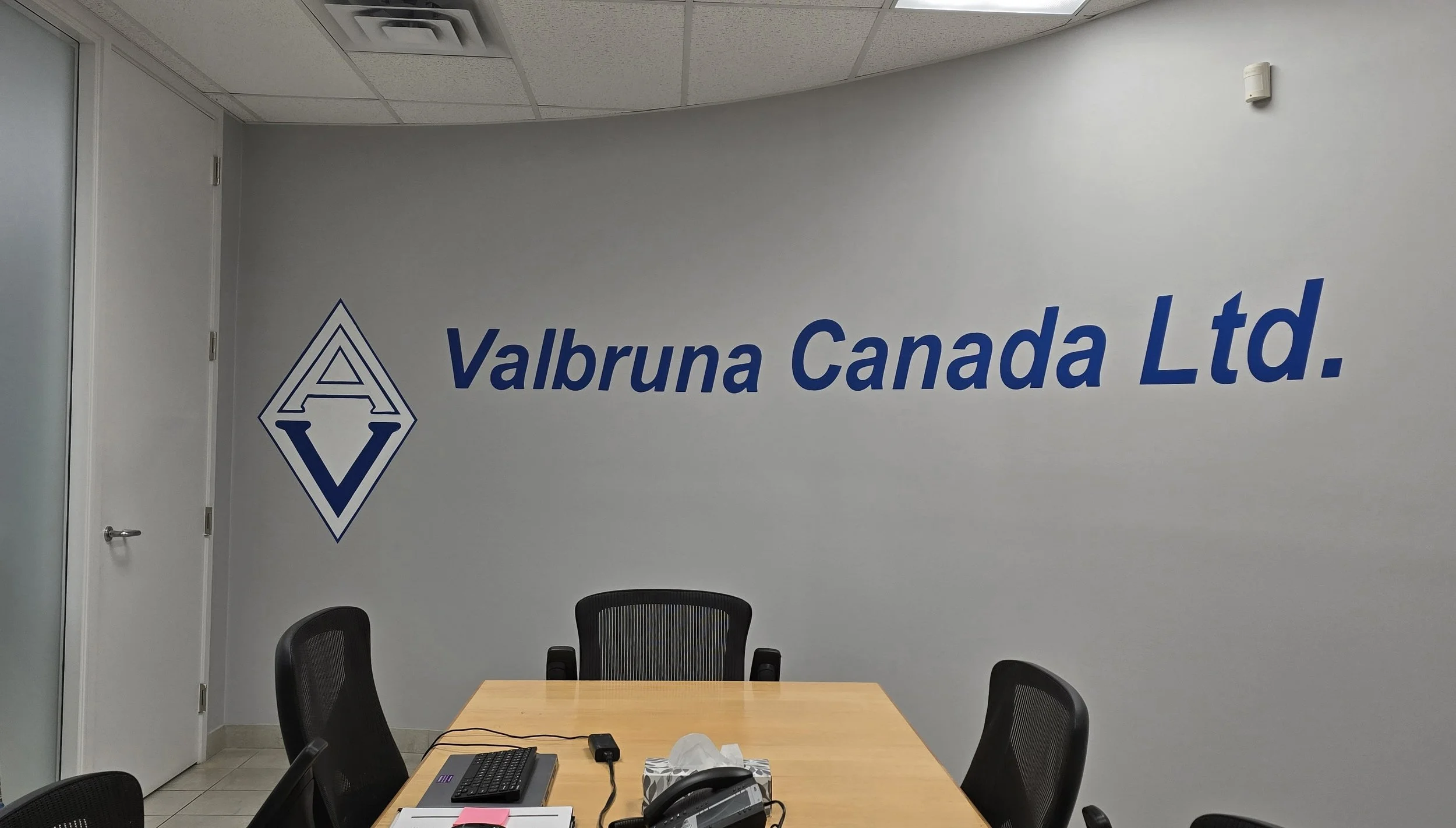 The other side of the curved map wall now has a much better backdrop for conference calls with this hand-painted logo.
