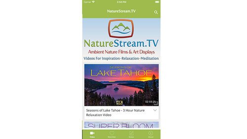 Screenshot of the NatureStream.TV app homepage, featuring a logo and a video titled 'Seasons of Lake Tahoe' with a scenic image of a lake and mountains.