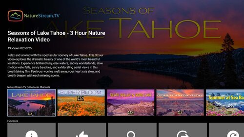 Screenshot of NatureStream.TV interface displaying ‘Seasons of Lake Tahoe - 3 Hour Nature Relaxation Video’ with thumbnails of other nature videos below.