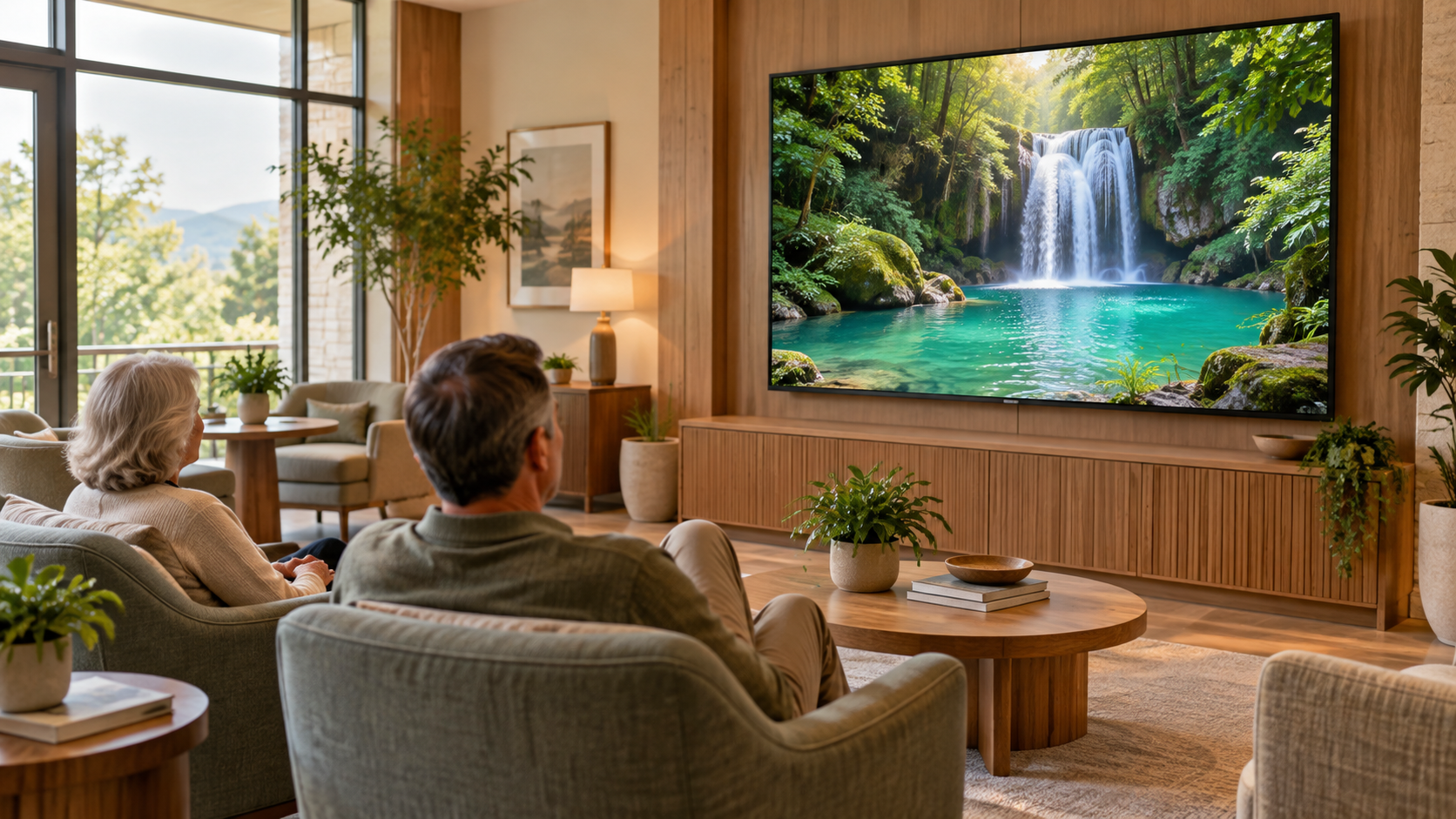 Illustration of a welcoming lounge with guests watching a waterfall nature film on a large screen.