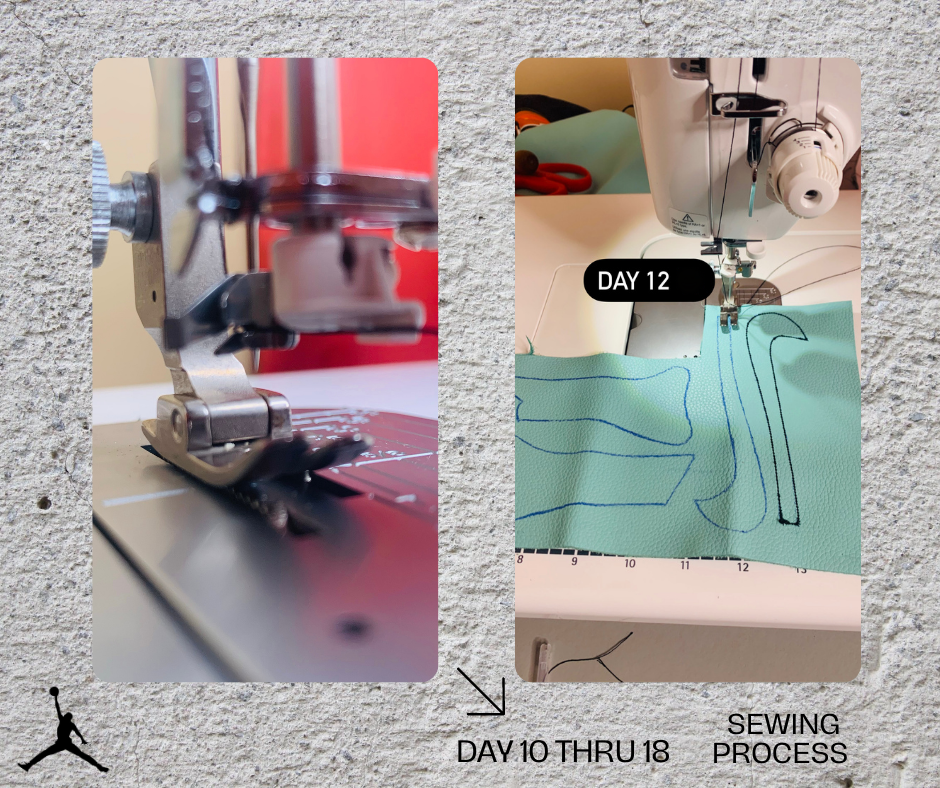 Day 10-18, before I started bonding and sewing my pattern pieces together to construct a two-dimensional pattern of my Uppers, one piece at a time. I spent time getting familiar with my sewing machine. I practiced sewing on scrap leather pieces, stit