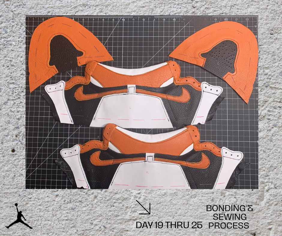 Day 19-25, it was time to transform my shoes from flat two-dimensional patterns to closed, three-dimensional Uppers. Flipping the liner and punching the Eyelet and Toe Box perforations, attaching the tongue to close the shoe and lasting and attaching